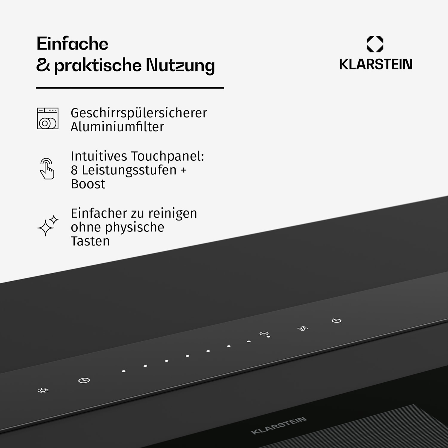 Royal Flush Eco Dunstabzugshaube | 836 m³/h Luftstrom | kopffrei | EEK A | 74 dB | LED 120 cm | Schwarz | Silber