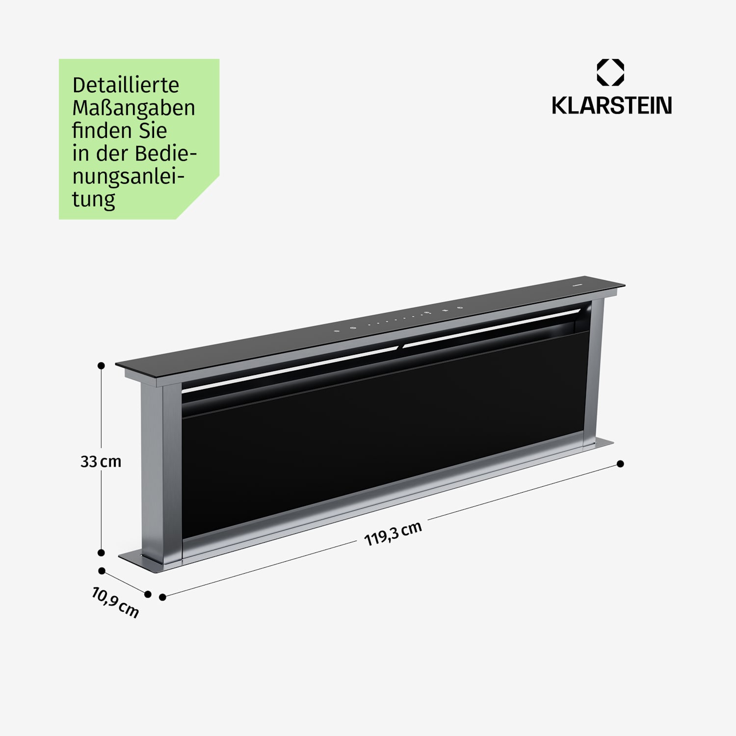 Royal Flush Eco Dunstabzugshaube | 836 m³/h Luftstrom | kopffrei | EEK A | 74 dB | LED 120 cm | Schwarz | Silber