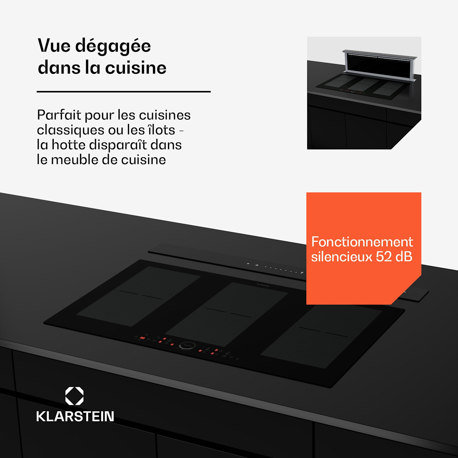 Royal Flush Eco Hotte aspirante | débit d'air 840 m³/h | tête libre | CEE A | 64 dB | LED 120 cm | Noir | Acier Inoxydable