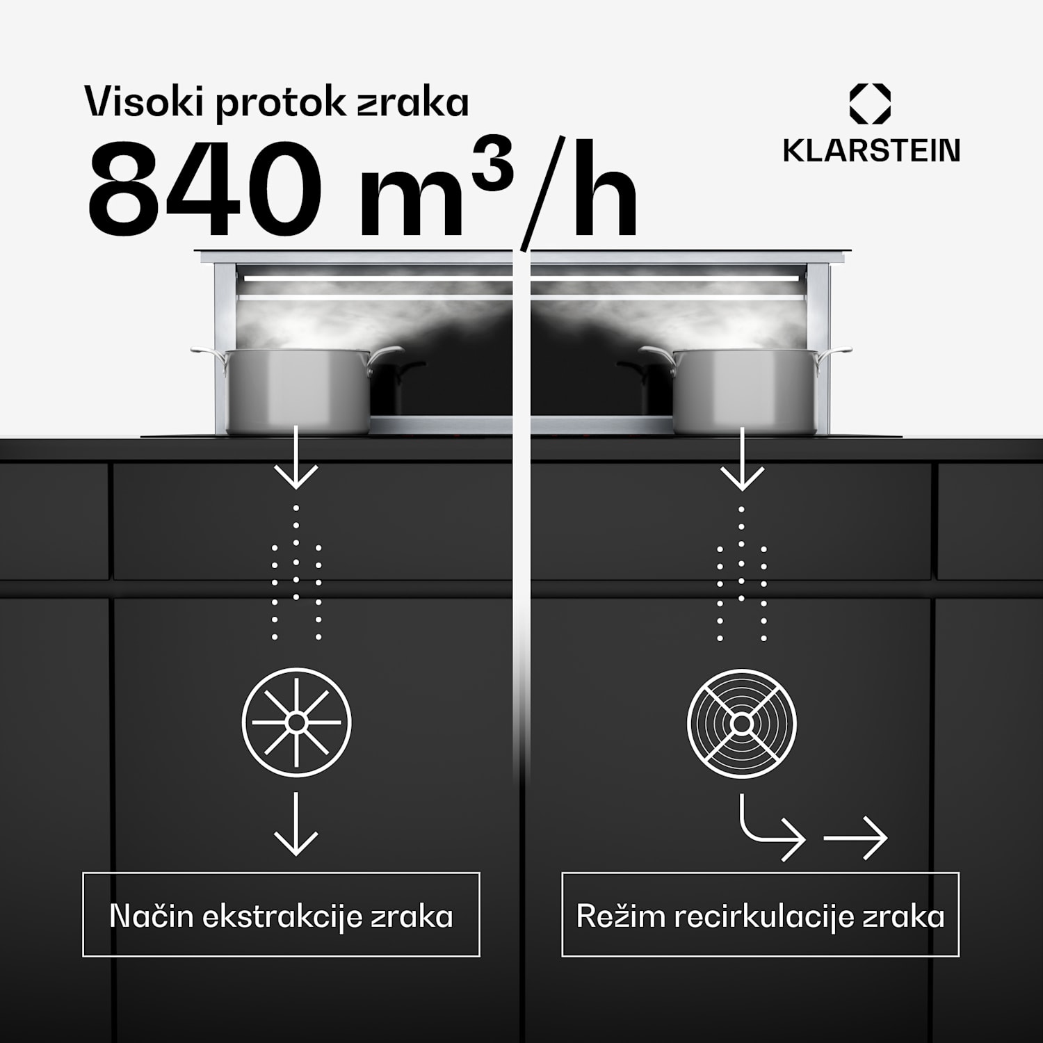 Royal Flush Eco napa, 840 m³/h protoka zraka, koso, EEK A, 64 dB, LED diode 120 cm | Crna | Nehrđajući čelik