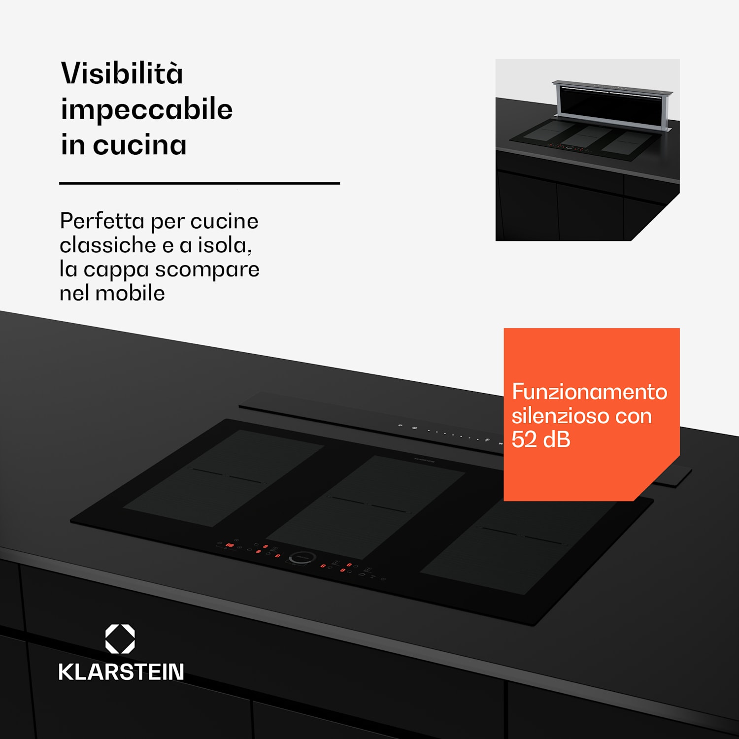 Royal Flush Eco - Cappa aspirante | Flusso d'aria: 840 m³/ora | Inclinata | Classe energetica A | 64 dB | LED 120 cm | Nero | Acciaio inox
