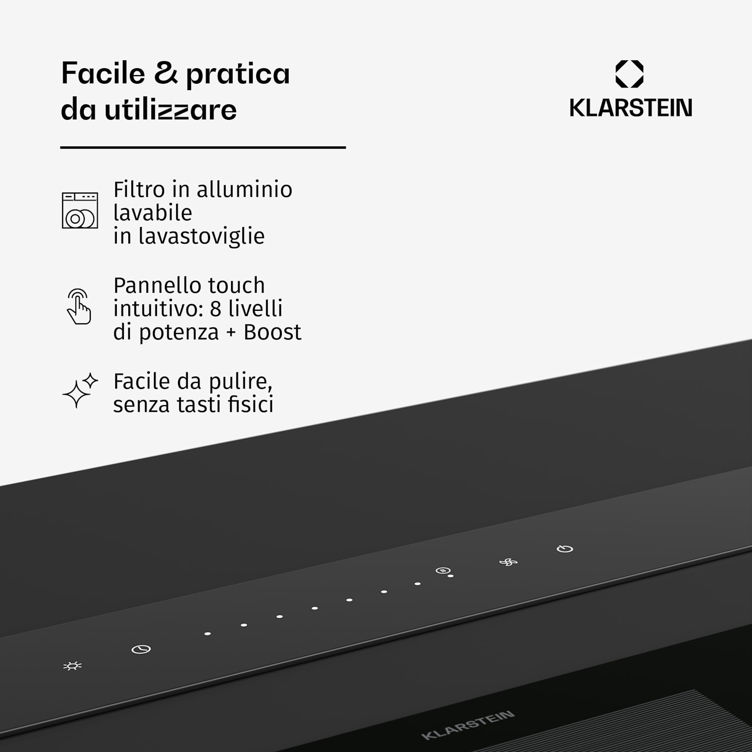 Royal Flush Eco - Cappa aspirante | Flusso d'aria: 840 m³/ora | Inclinata | Classe energetica A | 74 dB | LED 120 cm | Nero | Argento