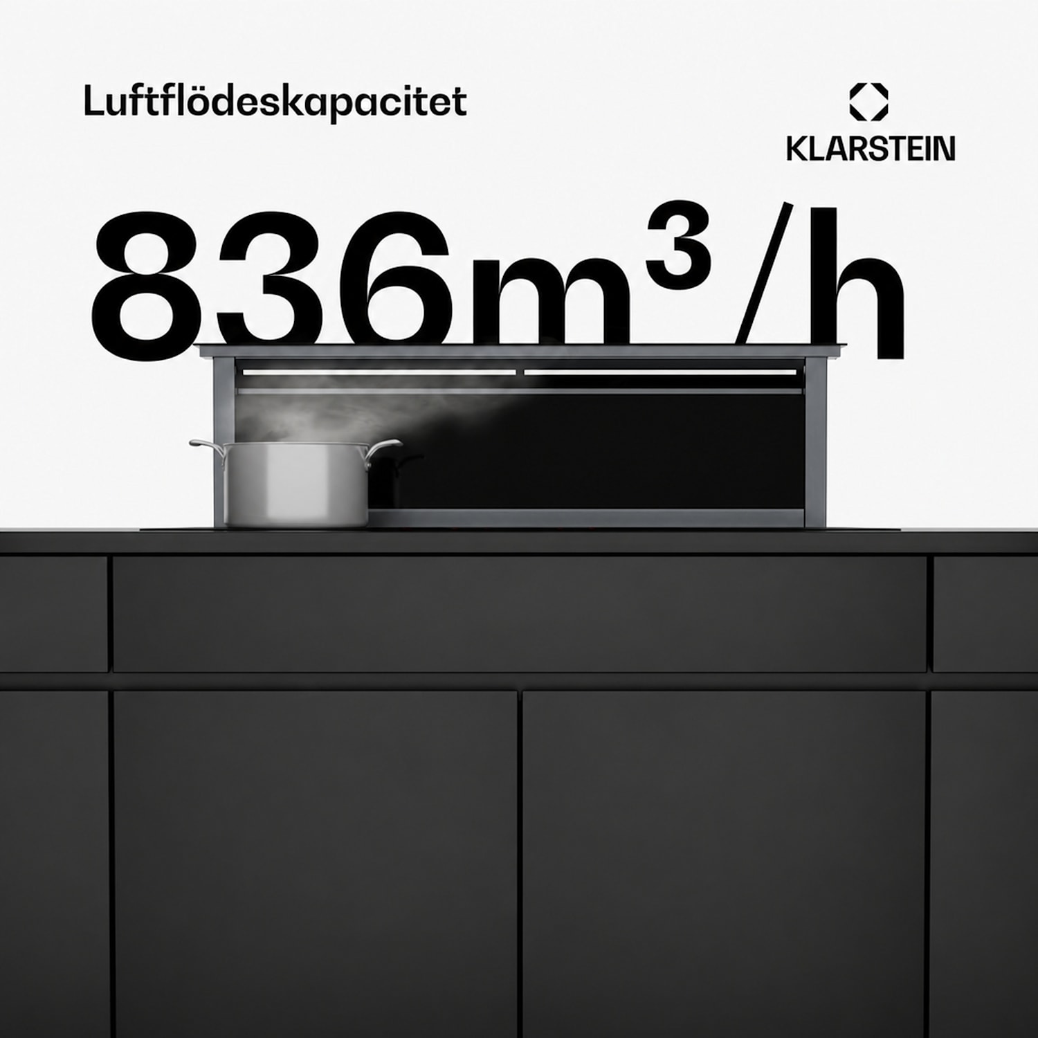 Royal Flush Eco köksfläkt | 836 m³/h luftflöde | inte skrymmande för huvudet | EEK A | 74 dB | LED 120 cm | Svart | Silver