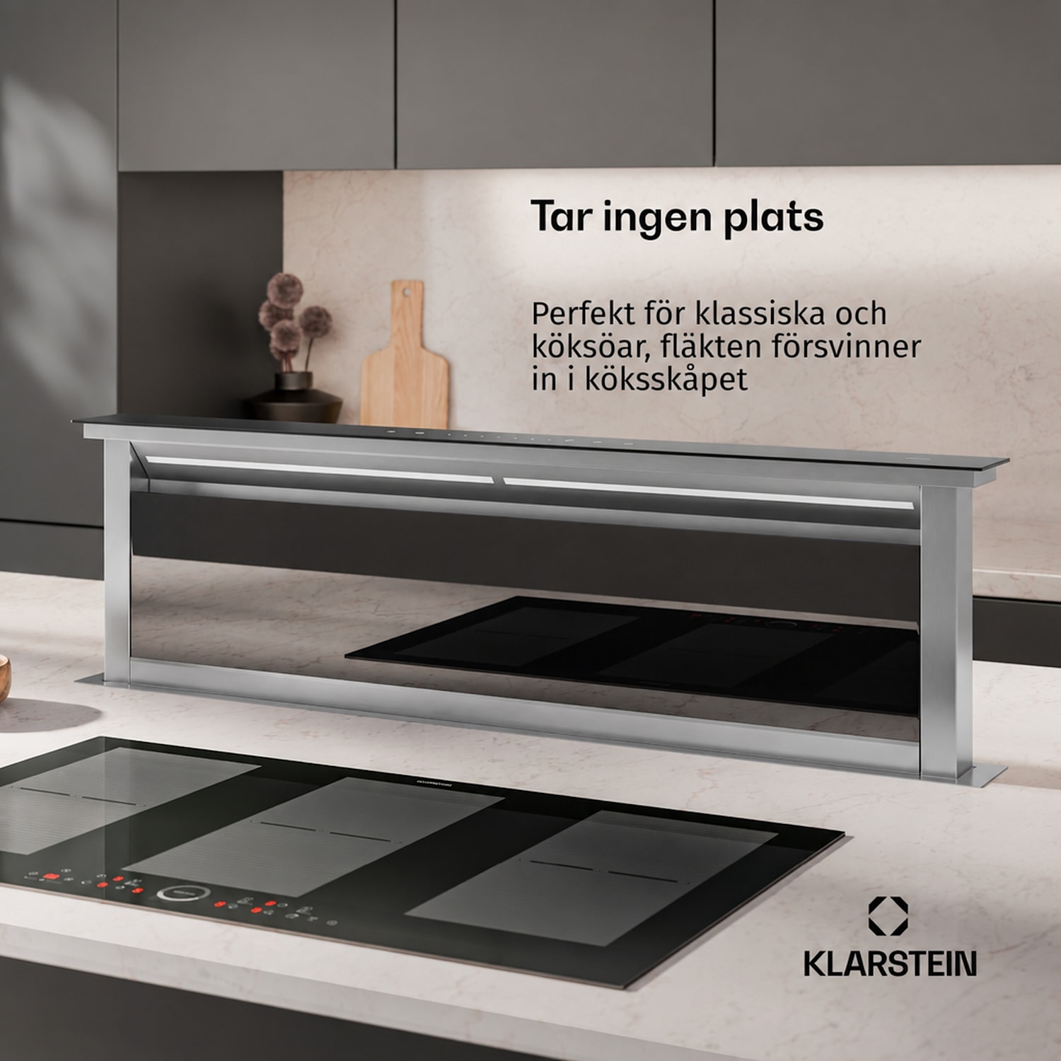 Royal Flush Eco köksfläkt | 836 m³/h luftflöde | inte skrymmande för huvudet | EEK A | 74 dB | LED 120 cm | Svart | Silver