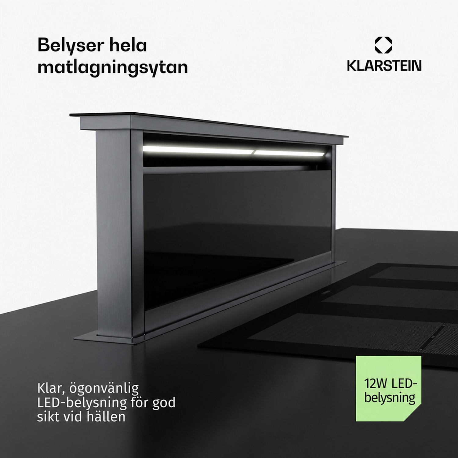 Royal Flush Eco köksfläkt | 836 m³/h luftflöde | inte skrymmande för huvudet | EEK A | 74 dB | LED 120 cm | Svart | Silver