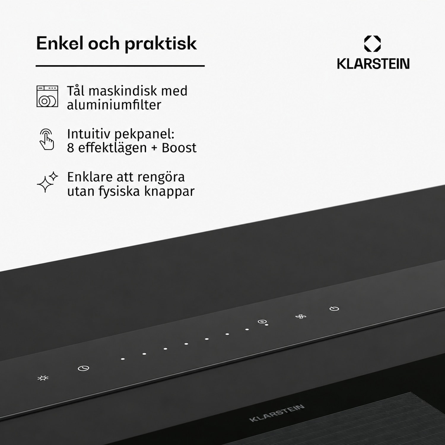 Royal Flush Eco köksfläkt | 836 m³/h luftflöde | inte skrymmande för huvudet | EEK A | 74 dB | LED 120 cm | Svart | Silver