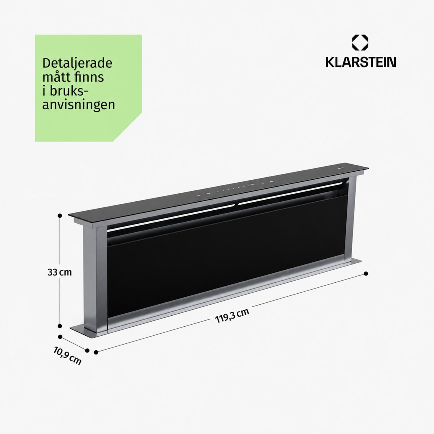 Royal Flush Eco köksfläkt | 836 m³/h luftflöde | inte skrymmande för huvudet | EEK A | 74 dB | LED 120 cm | Svart | Silver