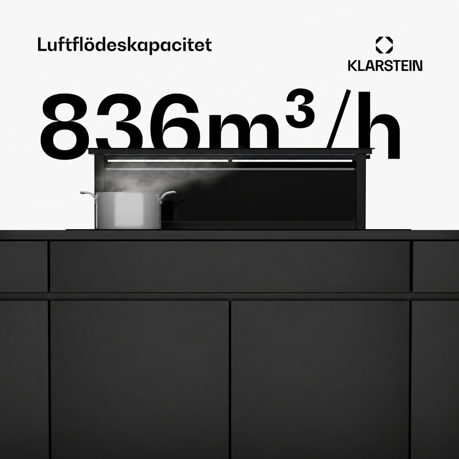 Royal Flush Eco köksfläkt | 836 m³/h luftflöde | inte skrymmande för huvudet | EEK A | 74 dB | LED 120 cm | Svart | Svart