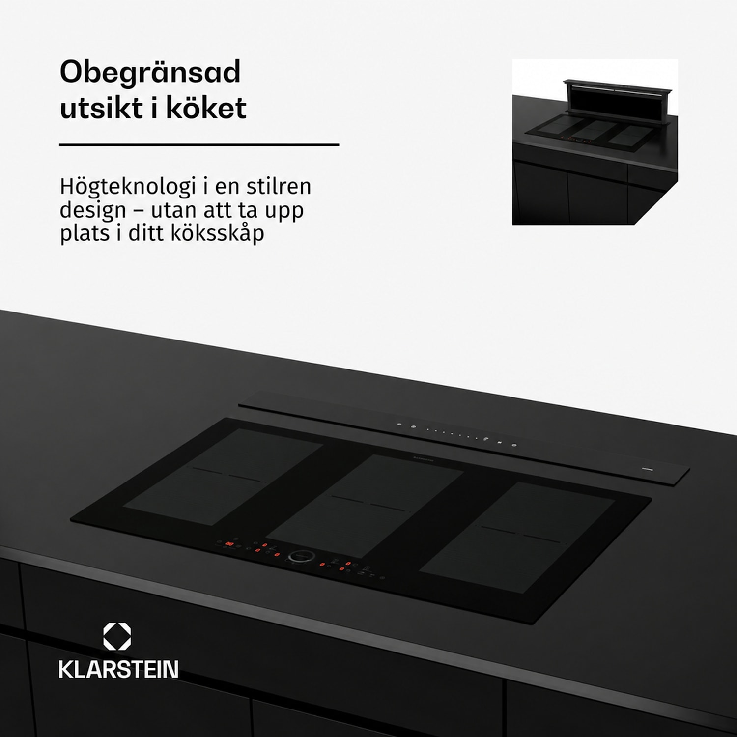 Royal Flush Eco köksfläkt | 836 m³/h luftflöde | inte skrymmande för huvudet | EEK A | 74 dB | LED 120 cm | Svart | Svart
