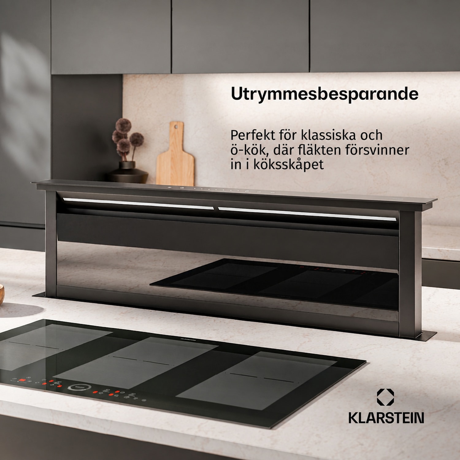 Royal Flush Eco köksfläkt | 836 m³/h luftflöde | inte skrymmande för huvudet | EEK A | 74 dB | LED 120 cm | Svart | Svart