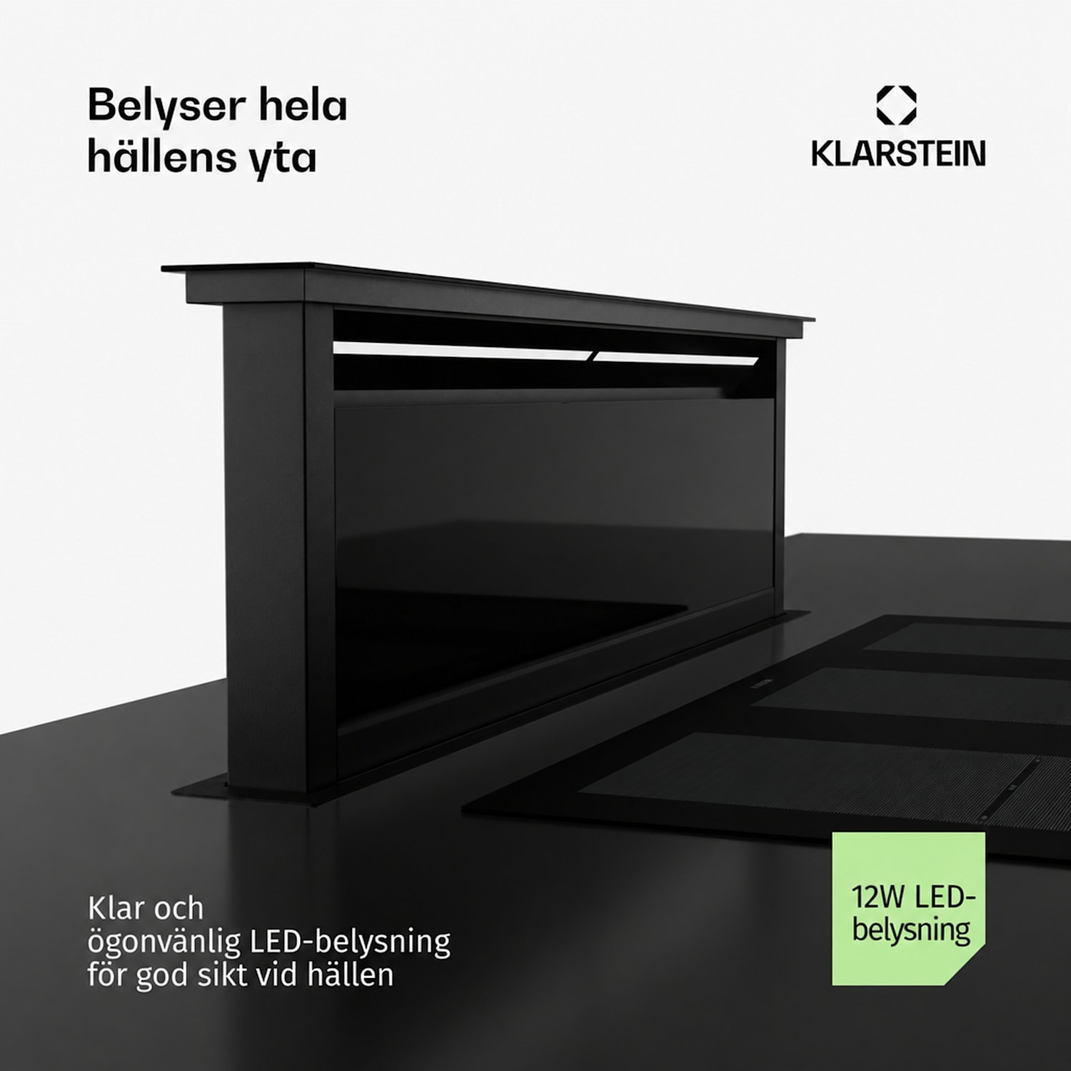 Royal Flush Eco köksfläkt | 836 m³/h luftflöde | inte skrymmande för huvudet | EEK A | 74 dB | LED 120 cm | Svart | Svart