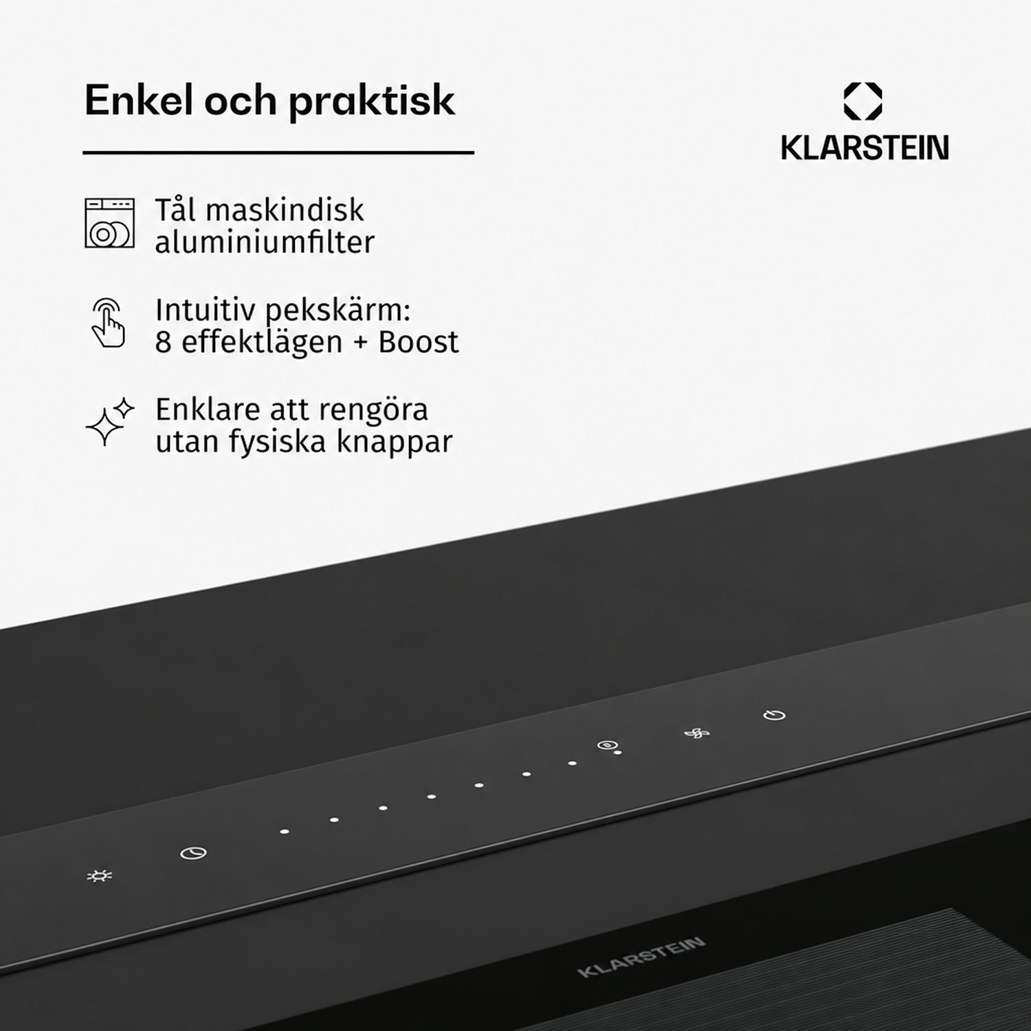 Royal Flush Eco köksfläkt | 836 m³/h luftflöde | inte skrymmande för huvudet | EEK A | 74 dB | LED 120 cm | Svart | Svart