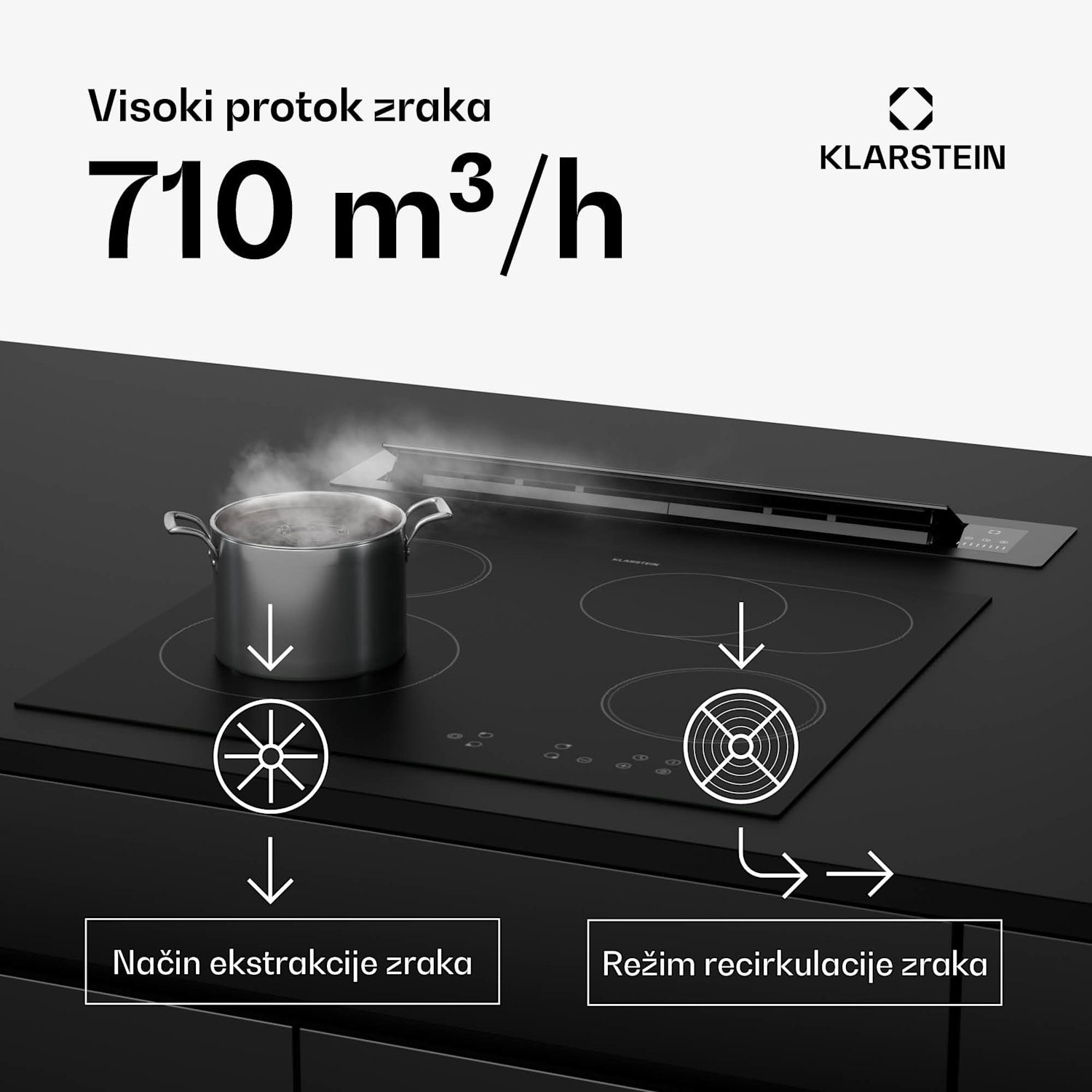 Brisa napa, uvlačiv, 710 m³/h, A+, LED, 42 dB| režim usisavanja/recirkulacije 60 cm | Crna