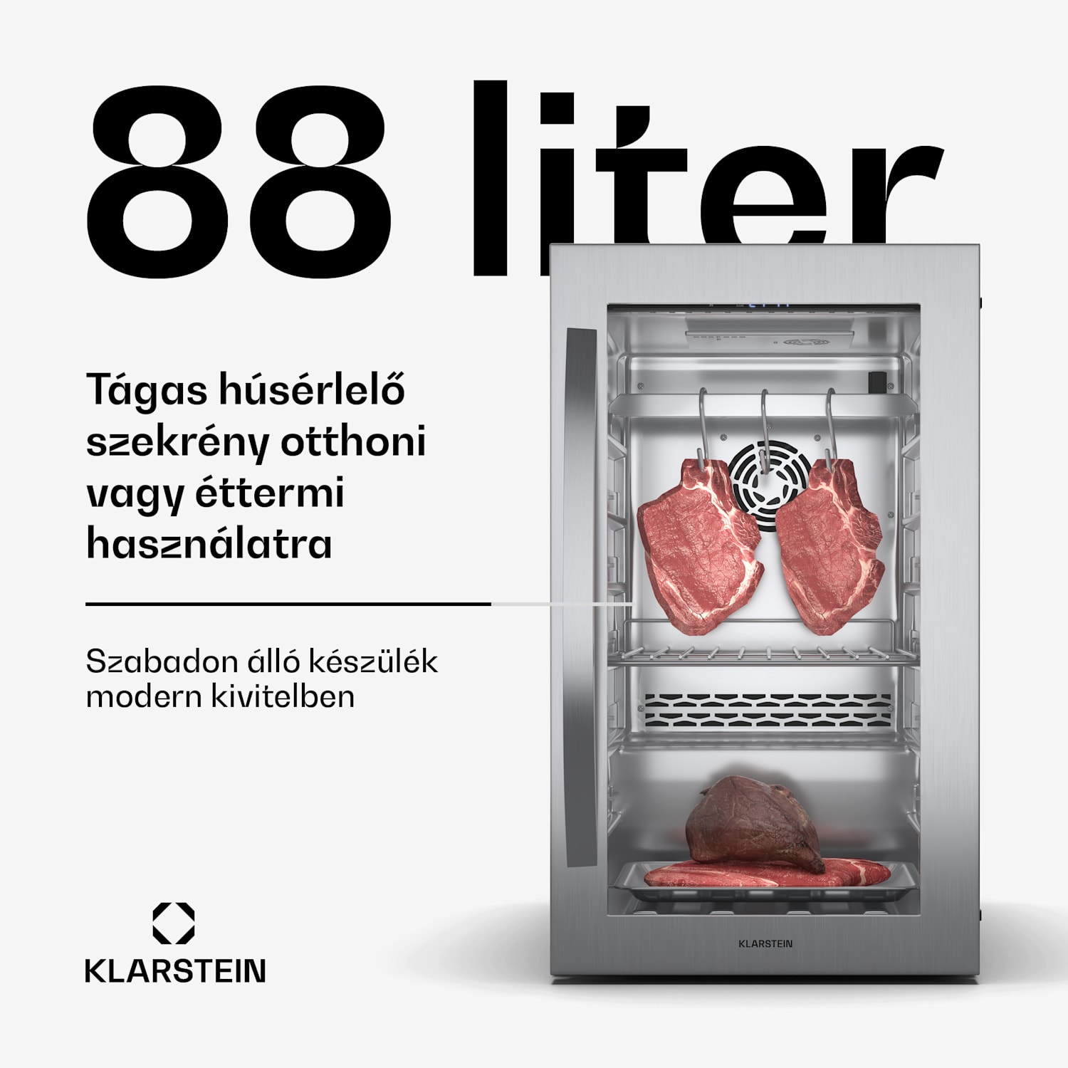 Steakhouse húsérlelő szekrény, 88 L, antibakteriális, LED, érintésvezérlés, páratartalom szabályozása 88 Ltr | Rozsdamentes acél