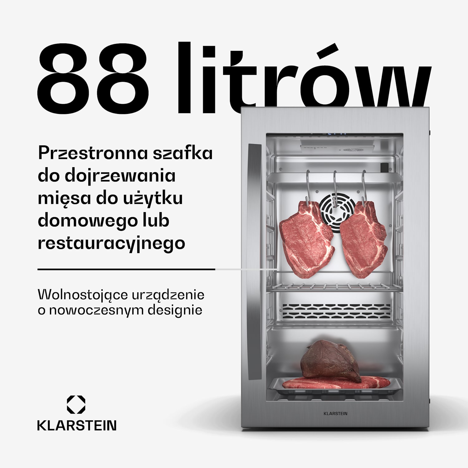 Steakhouse szafa do sezonowania mięsa, 88 L, antybakteryjna, LED, sterowanie dotykowe, regulacja wilgotności 88 Ltr | Stal nierdzewna