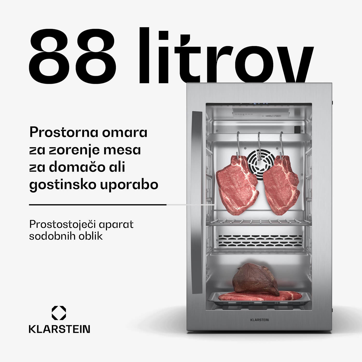Steakhouse omara za zorenje mesa, 88 L, antibakterijska, LED, upravljanje na dotik, nadzor vlažnosti 88 Ltr | Nerjaveče jeklo