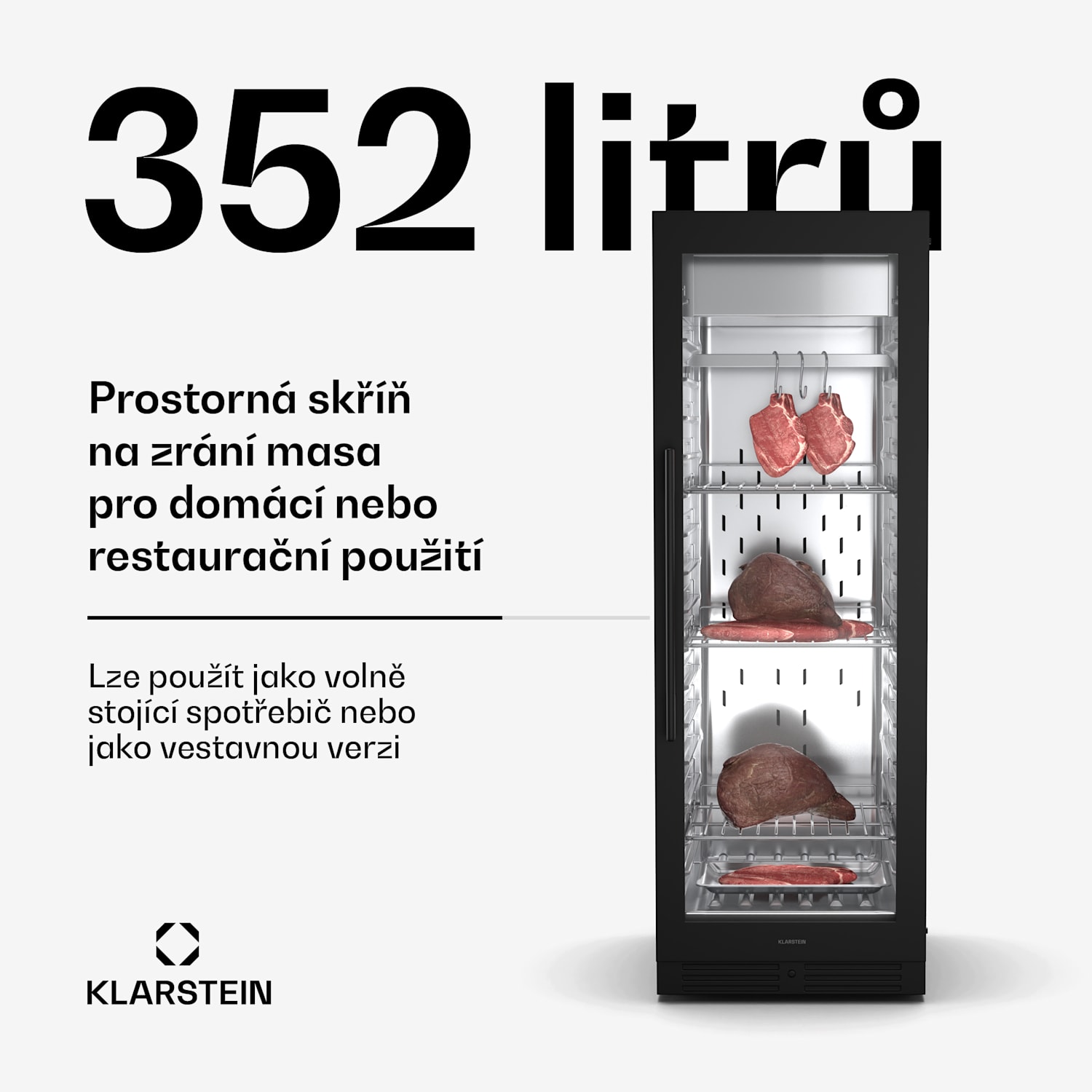 Steakhouse skříň na zrání masa, 352 L, antibakteriální, LED, dotykové ovládání, regulace vlhkosti 352 litrů | Černá