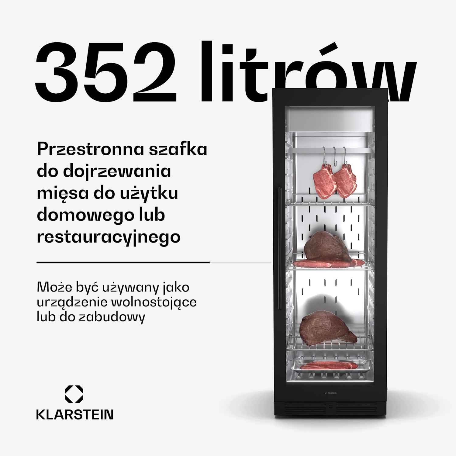 Steakhouse szafa do sezonowania mięsa, 352 L, antybakteryjna, LED, sterowanie dotykowe, regulacja wilgotności 352 Ltr | Czarny