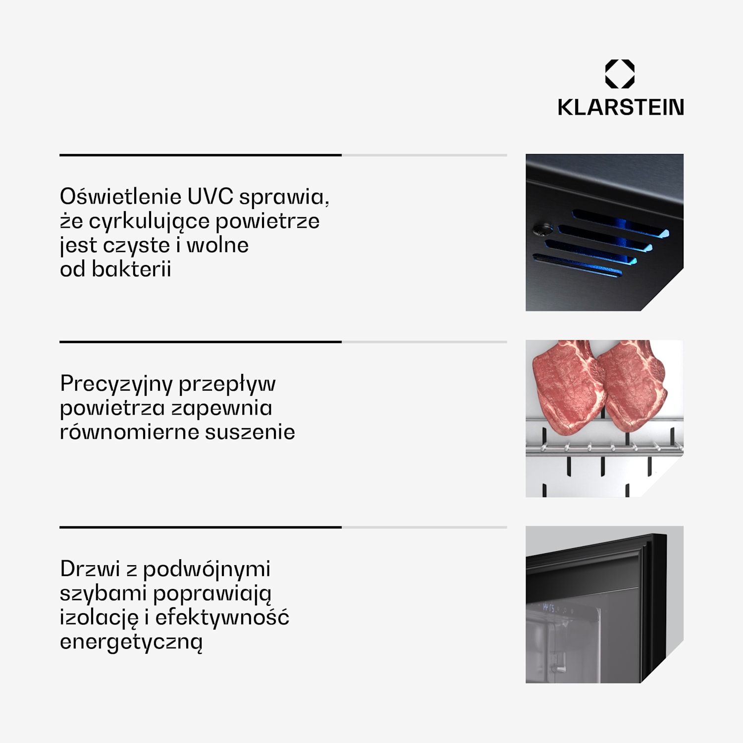 Steakhouse szafa do sezonowania mięsa, 352 L, antybakteryjna, LED, sterowanie dotykowe, regulacja wilgotności 352 Ltr | Czarny