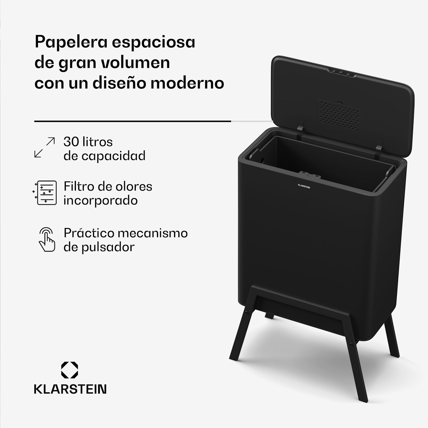 Papelera Yuma | 30 L | cubo interior | filtro de olores | patas | pulsador 30 L | Negro