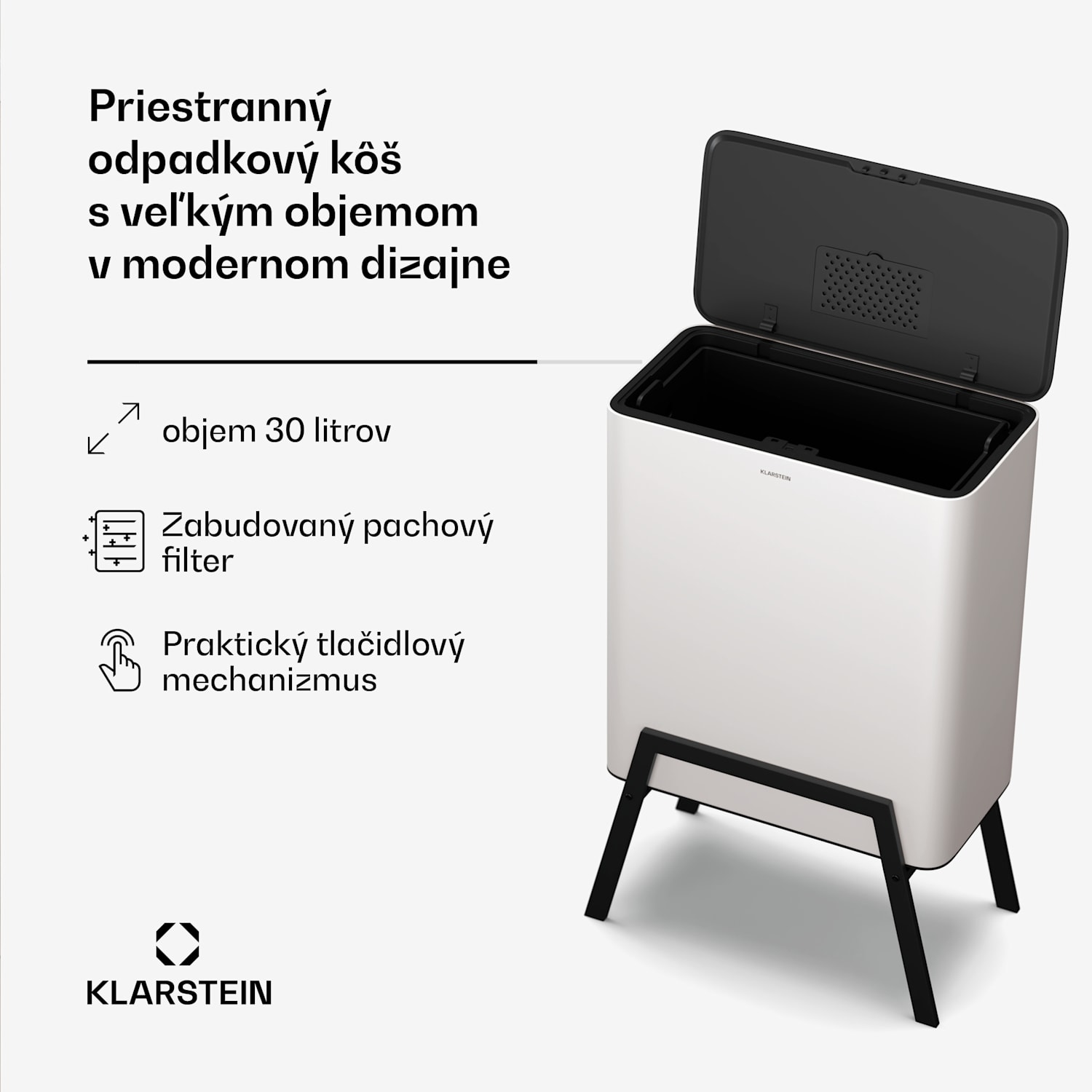 Yuma odpadkový kôš, 30 l, vnútorný kôš, pachový filter, nožičky, otváranie tlačidlom 30 litrov | Biela