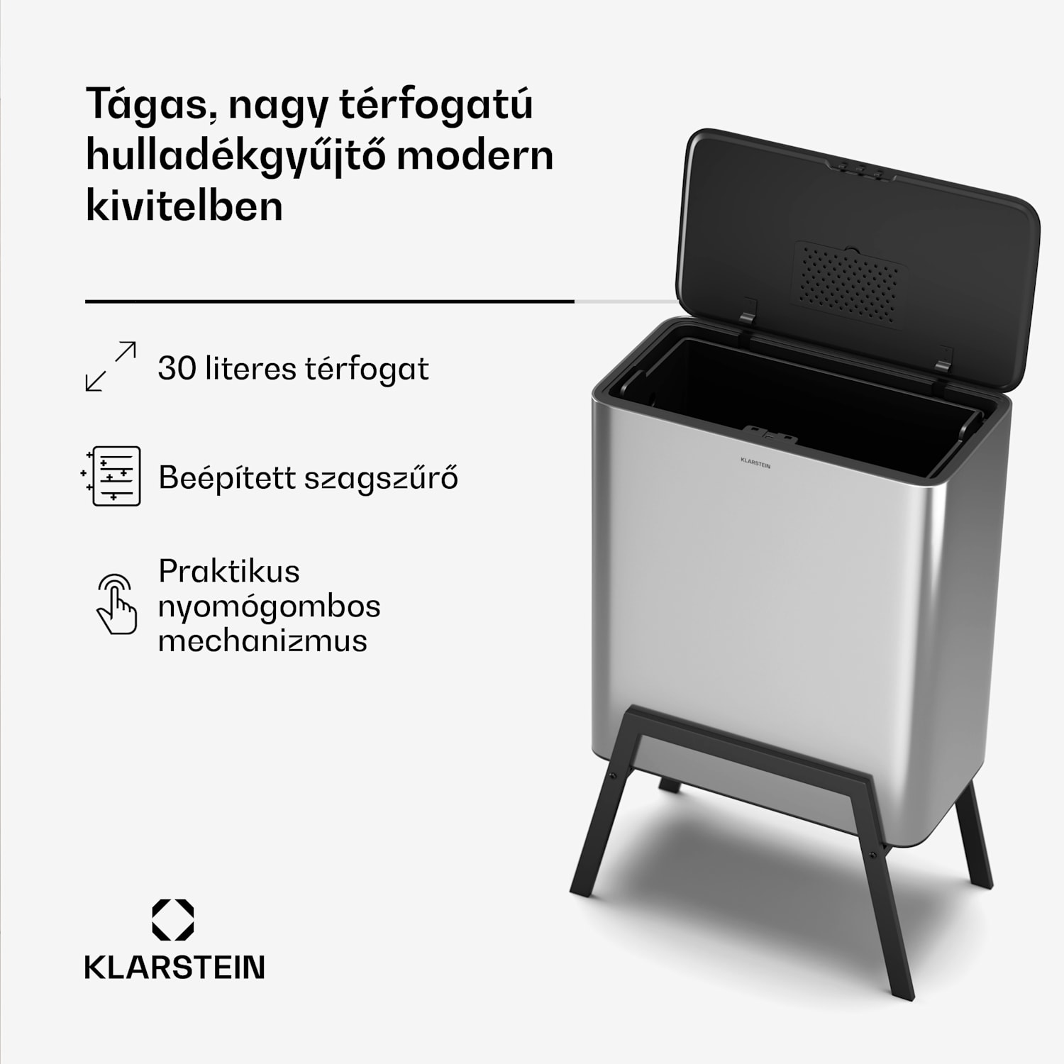 Yuma hulladékgyűjtő, 30 l, belső kosár, szagszűrő, lábak, gombbal nyitható 30 liter | Rozsdamentes acél