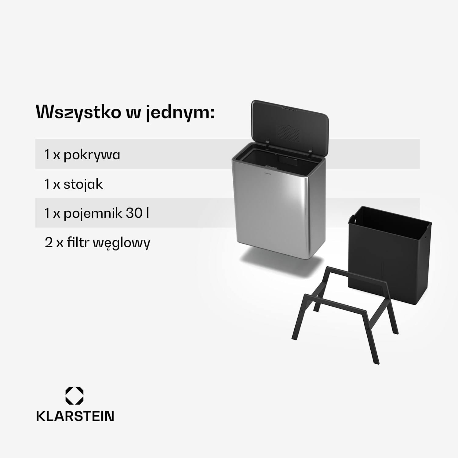 Yuma kosz na śmieci, 30 l, kosz wewnętrzny, filtr zapachów, stojak, otwieranie za pomocą przycisków 30 litrów | Stal nierdzewna