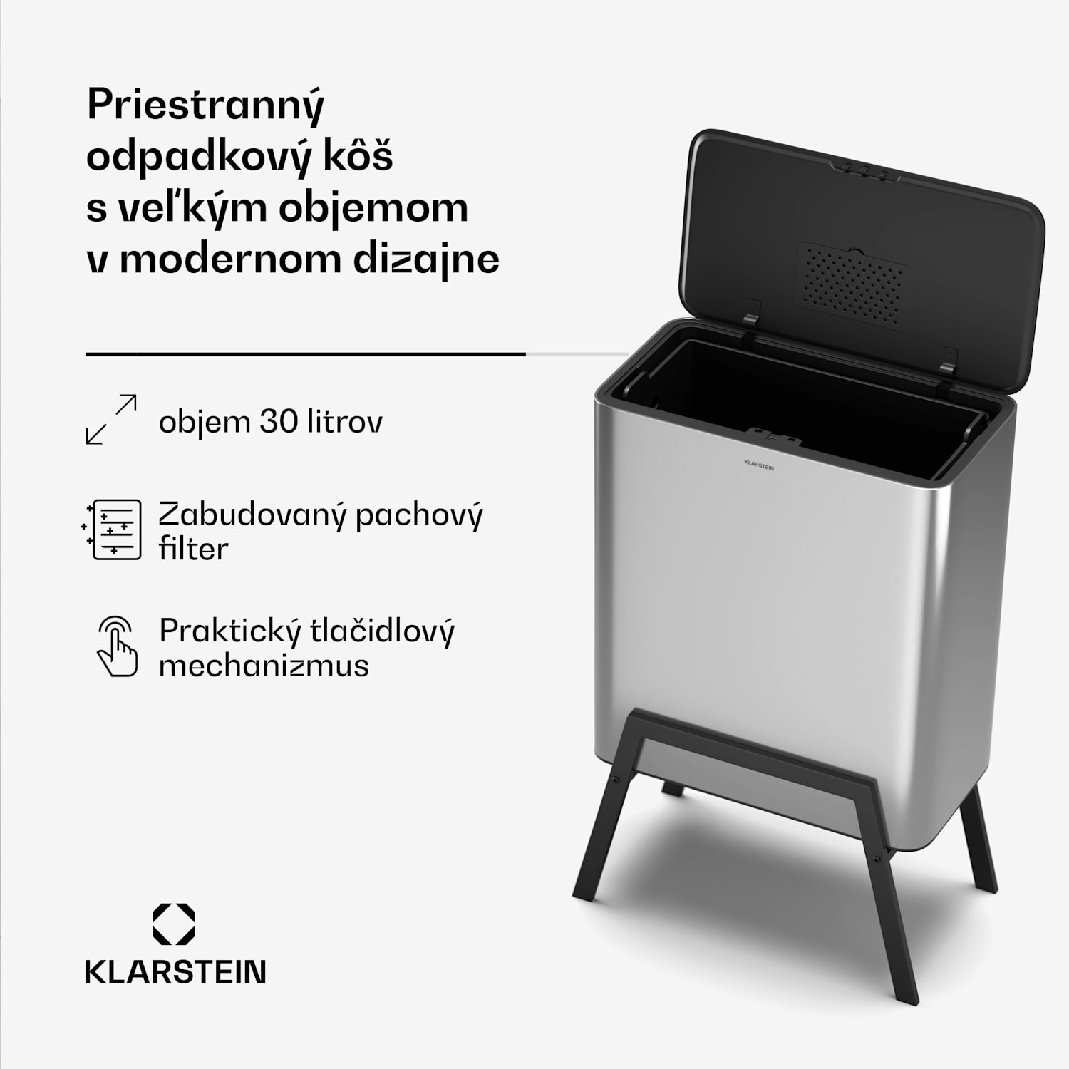 Yuma odpadkový kôš, 30 l, vnútorný kôš, pachový filter, nožičky, otváranie tlačidlom 30 litrov | Nehrdzavejúca oceľ