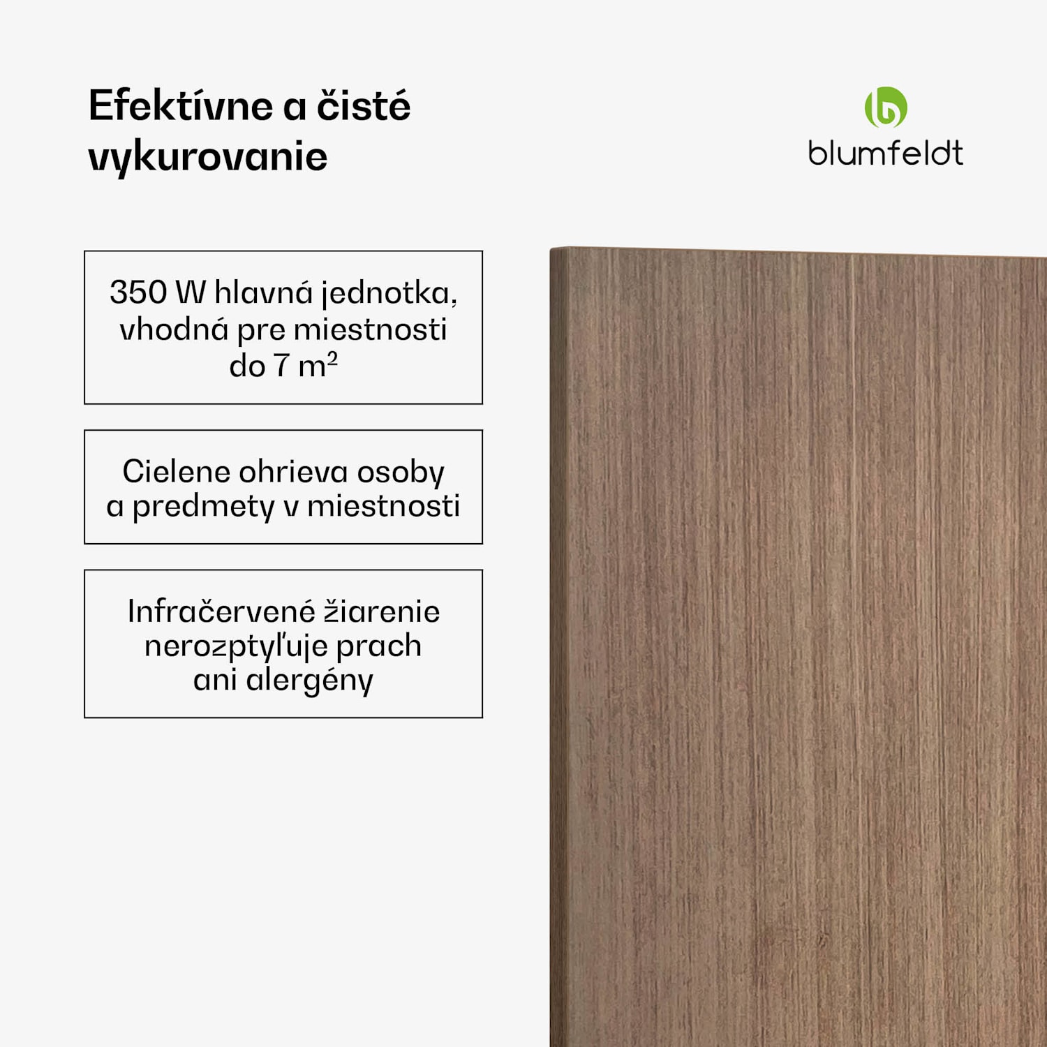 Heat Square, Infračervené vykurovanie, WiFi ovládanie, 350 W, IP44 60 x 60 cm | 350 W | Drevený vzhľad