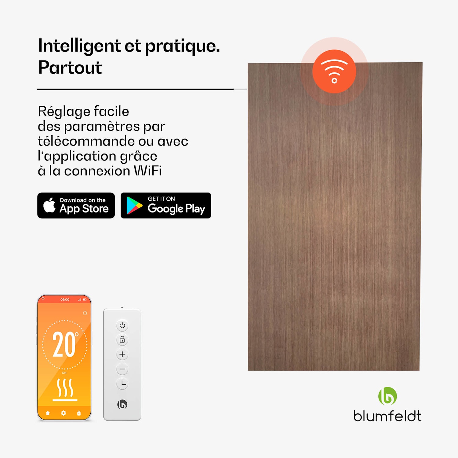 Heat Square | radiateur infrarouge | Contrôle par WiFi | 700W | IP44  60 x 120 cm | Bois Sombre