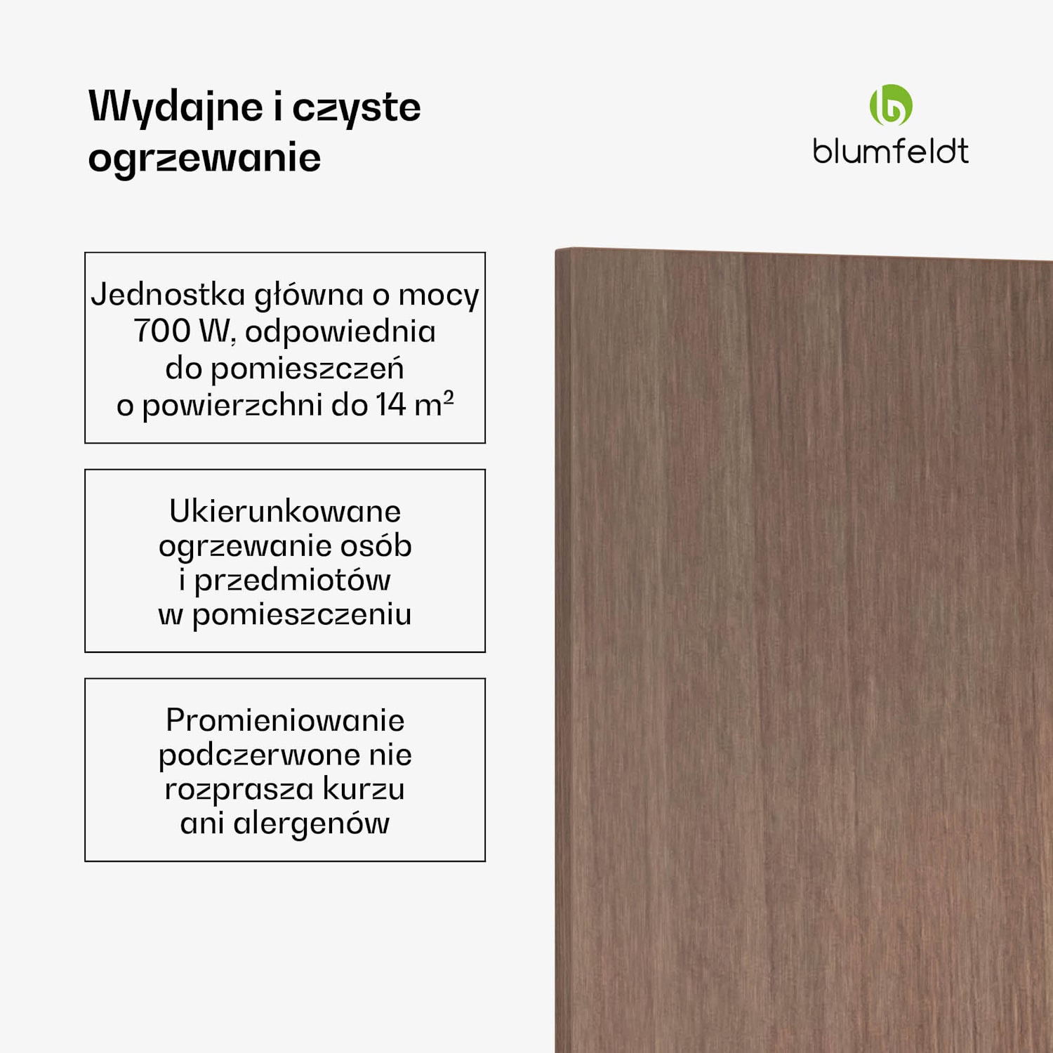 Heat Square, promiennik podczerwieni, sterowanie przez Wi-Fi, 700 W, IP44 60 x 120 cm | 700 W | Wygląd drewna