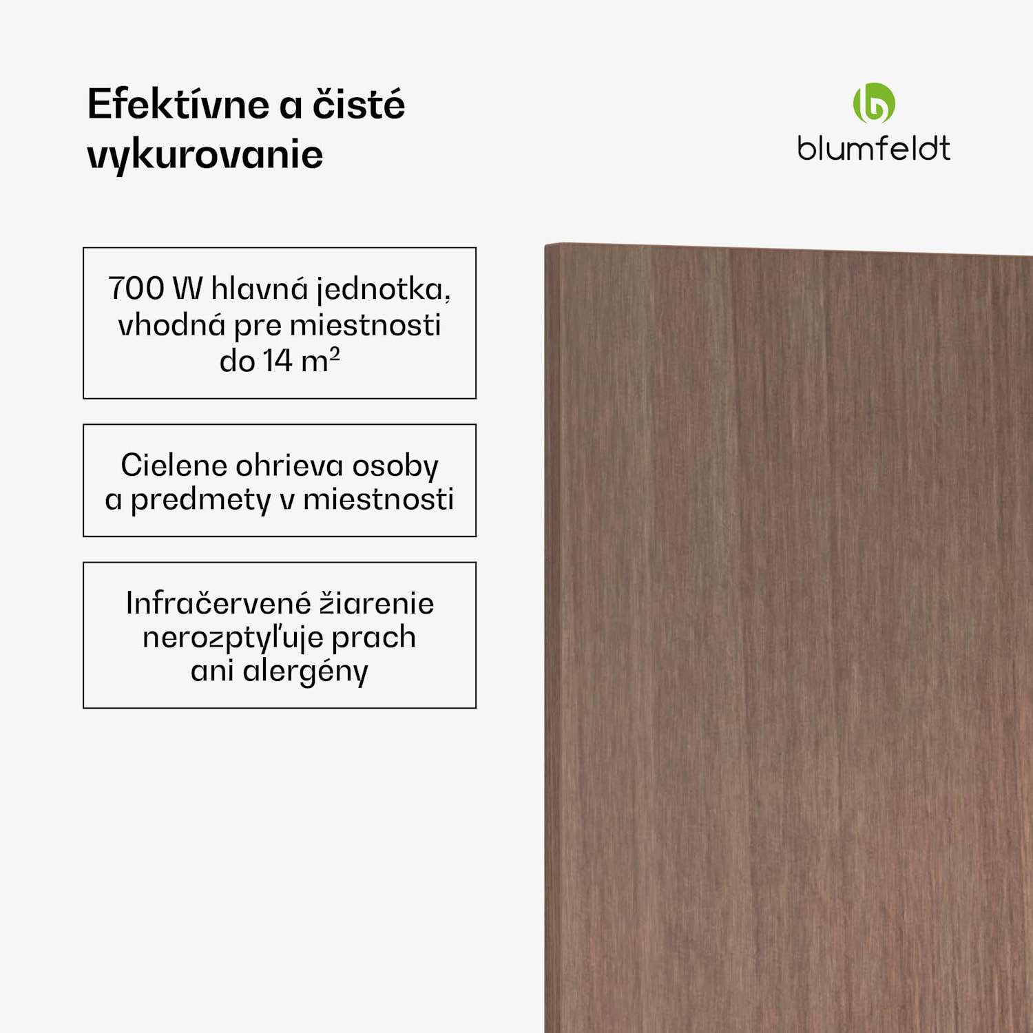 Heat Square, Infračervené vykurovanie, WiFi ovládanie, 700 W, IP44 60 x 120 cm | 700 W | Drevený vzhľad