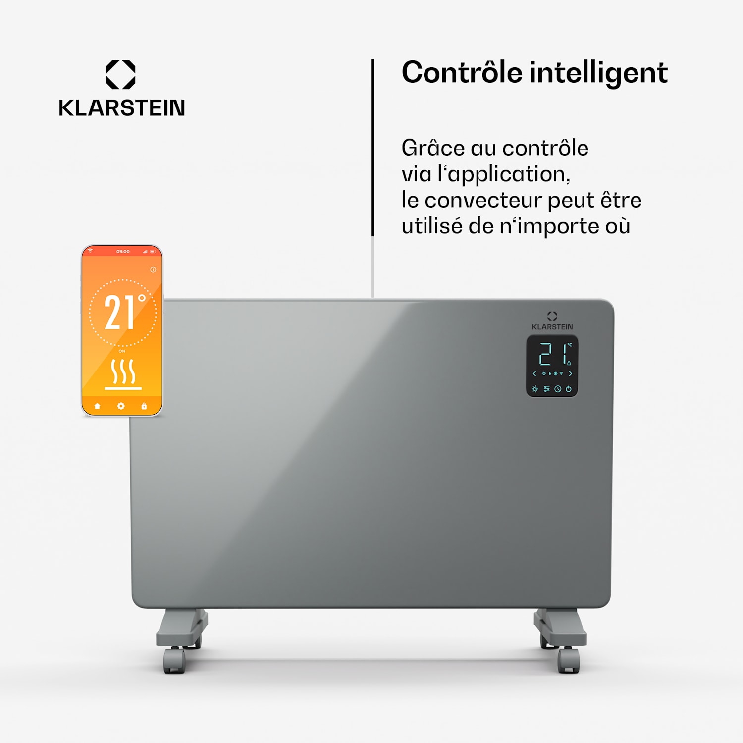 Bansin Smart 1500 radiateur à convection | 1500 W | Application | 5-50°C | Affichage LED | Écran tactile 1500 W | Gris