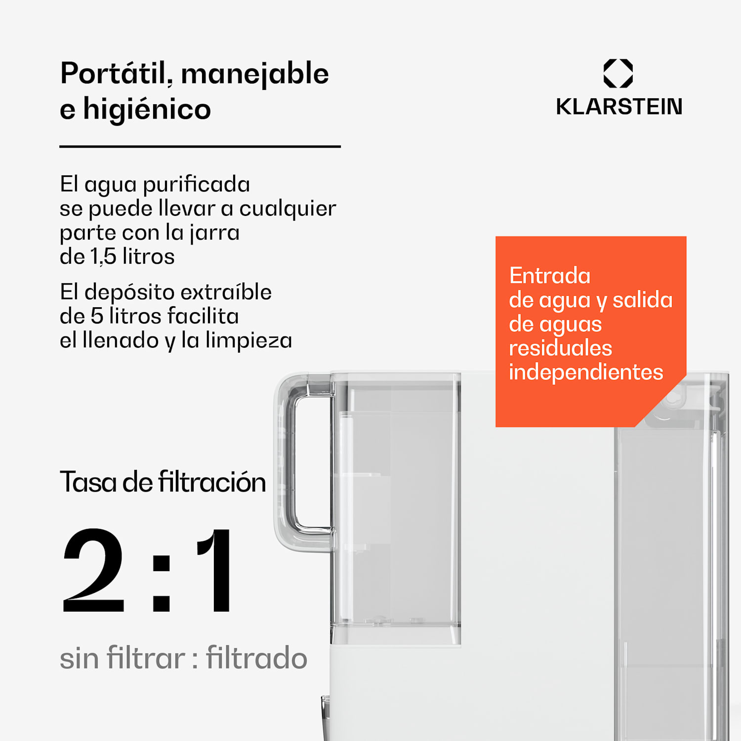 VitalPour Filtro de agua | Filtro de 5 etapas | Ósmosis inversa | Depósito de 5 L | Táctil | Móvil | 3 segundos 5 Ltr | Blanco