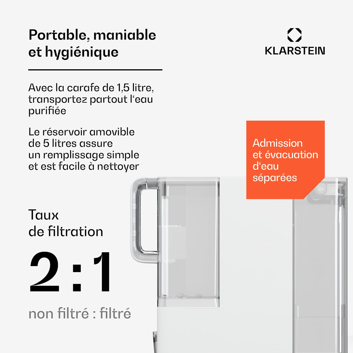 VitalPour Filtre à eau | filtration à 5 niveaux | osmose inverse | réservoir de 5 L | tactile | mobile | 3 secondes 5 Ltr | Blanc