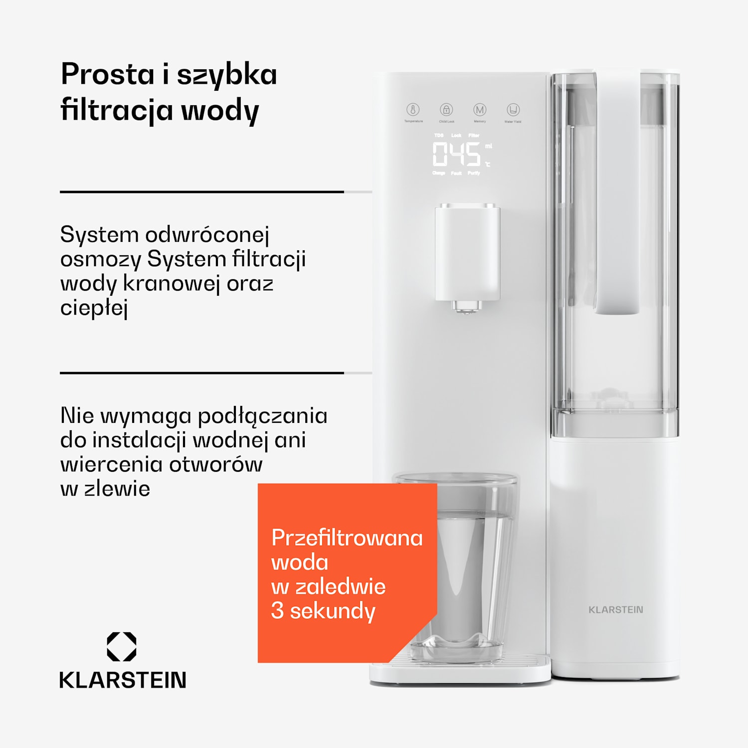 VitalPour dystrybutor wody z filtrem, 5-stopniowy filtr, odwrócona osmoza, zbiornik 5 l, dotykowy, mobilny, 3 sekundy 5 Ltr | Biały