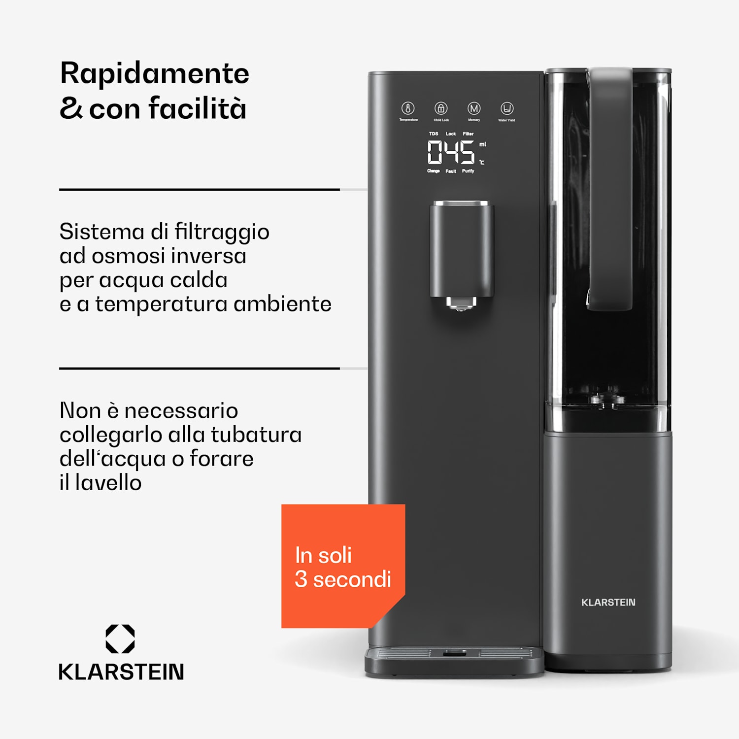 VitalPour Filtro dell'acqua | 5 fasi di filtraggio | Osmosi inversa | Serbatoio da 5 litri | Touch | Portatile | 3 secondi 5 Ltr | Nero
