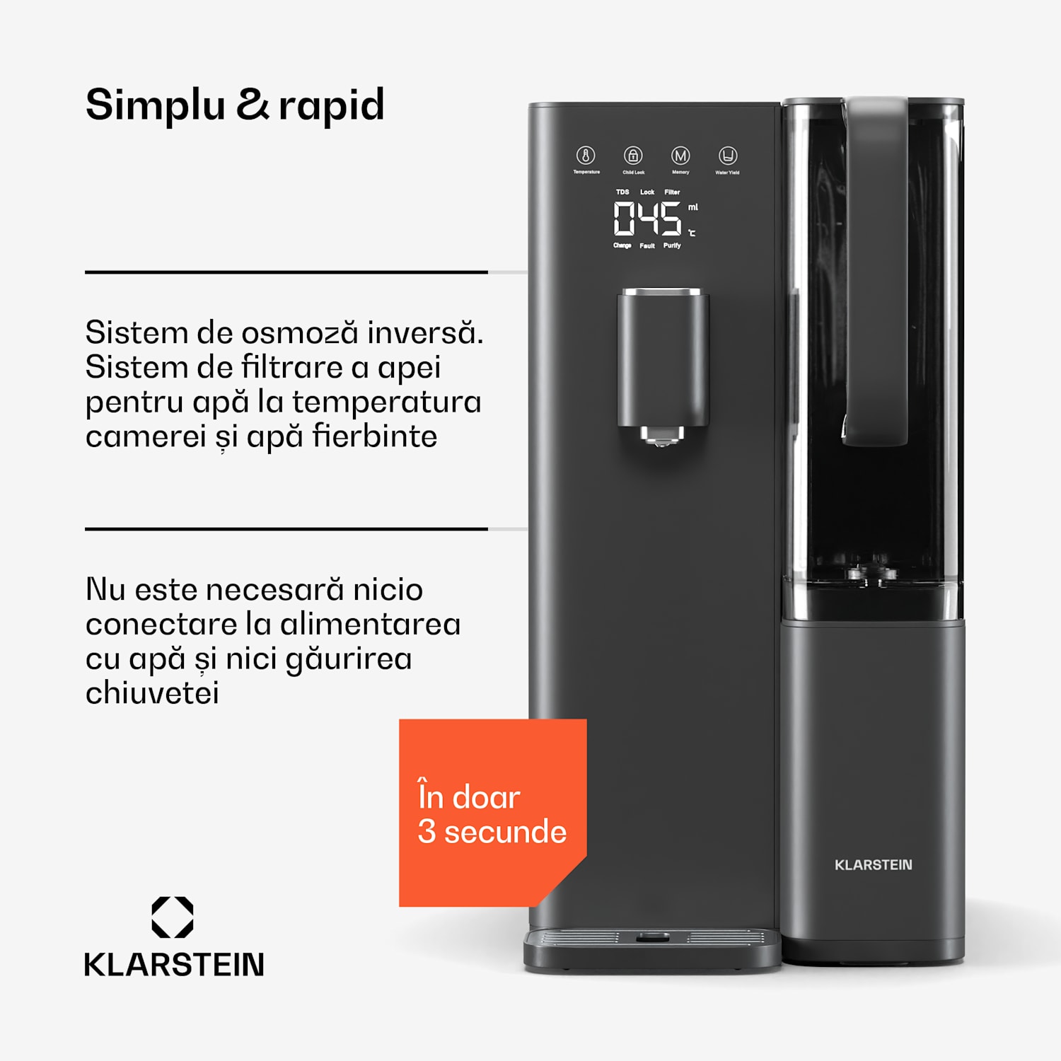 Filtru de apă VitalPour, filtru în 5 etape, osmoză inversă, rezervor de 5 l, tactil, mobil, 3 secunde 5 Ltr | Negru