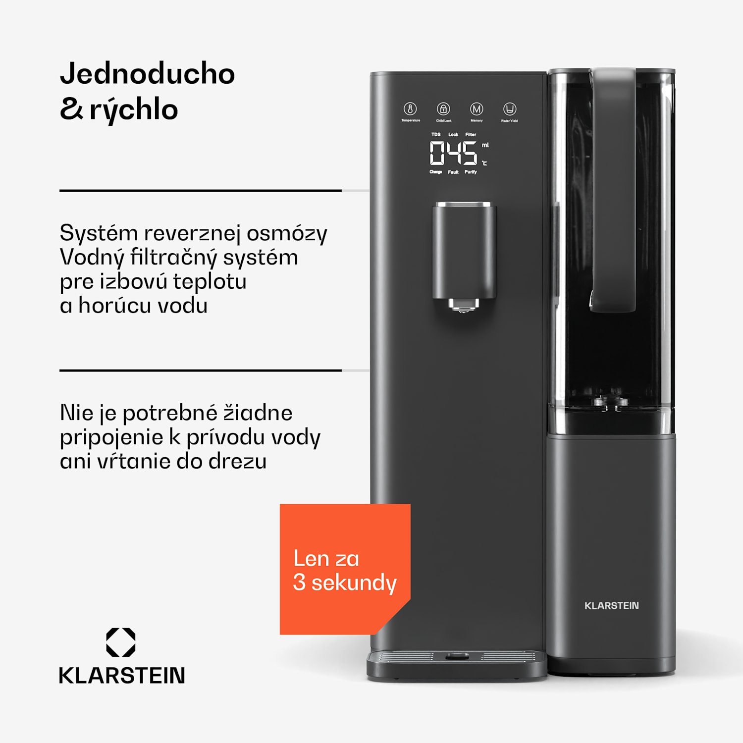 VitalPour vodný filter, 5-stupňový filter, reverzná osmóza, 5 l nádrž, dotykový, mobilný, 3 sekundy 5 Ltr | Čierna