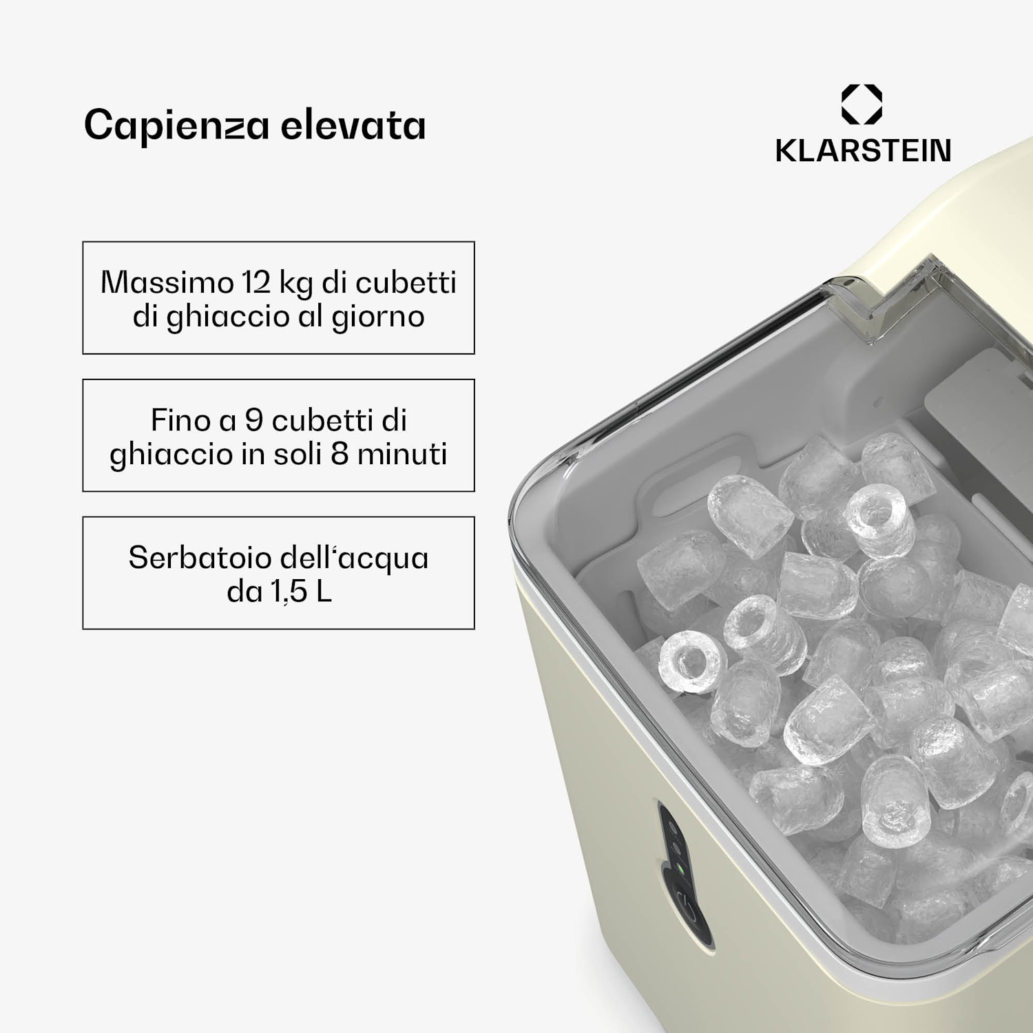 ChillOut - Macchina del ghiaccio | 12 kg/giorno | 9 cubetti di ghiaccio in 8 minuti | 120 watt | Serbatoio dell'acqua Crema
