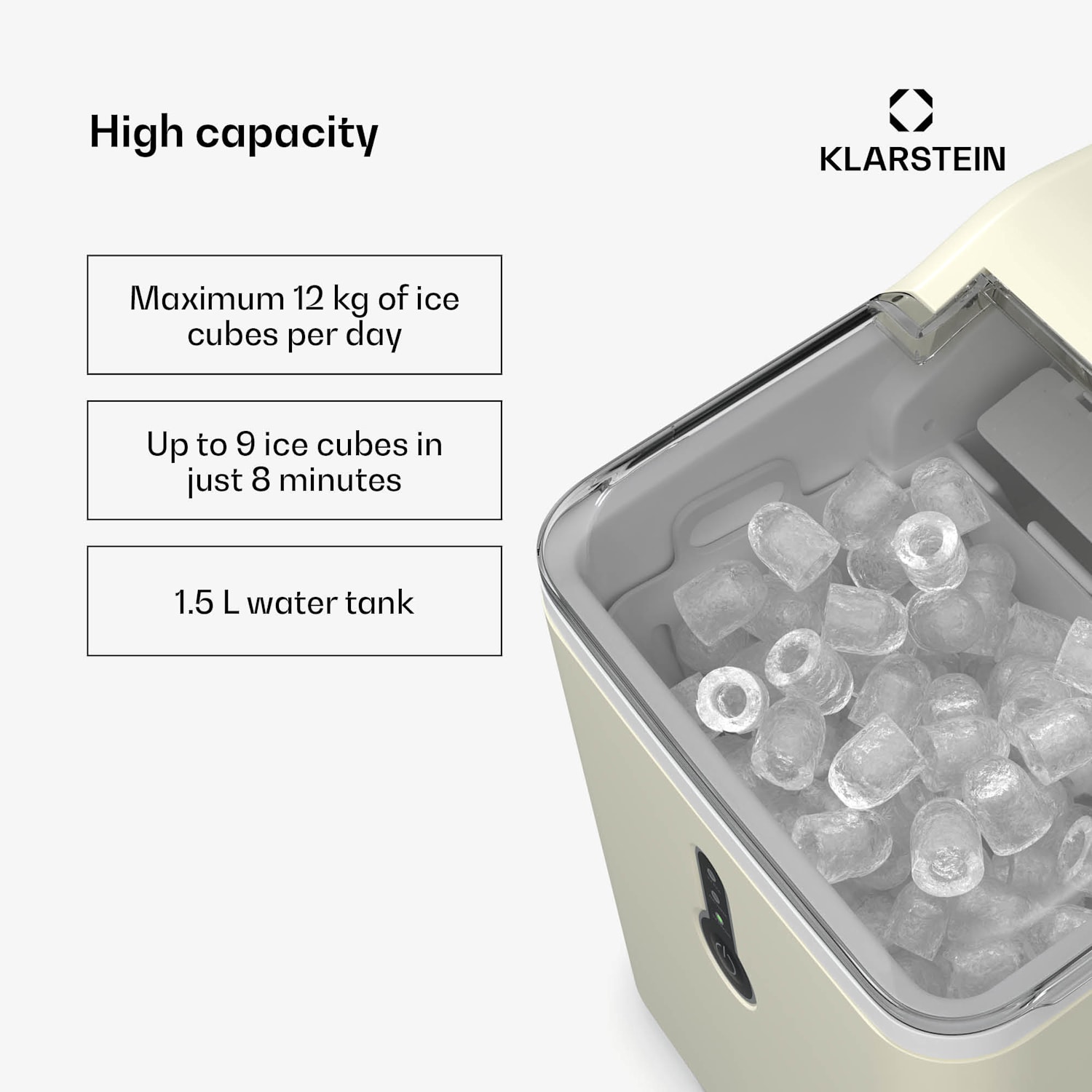 Máquina de fazer cubos de gelo ChillOut | 12 kg /dia | 9 cubos de gelo em 8 minutos | 120 watts | reservatório de água Creme