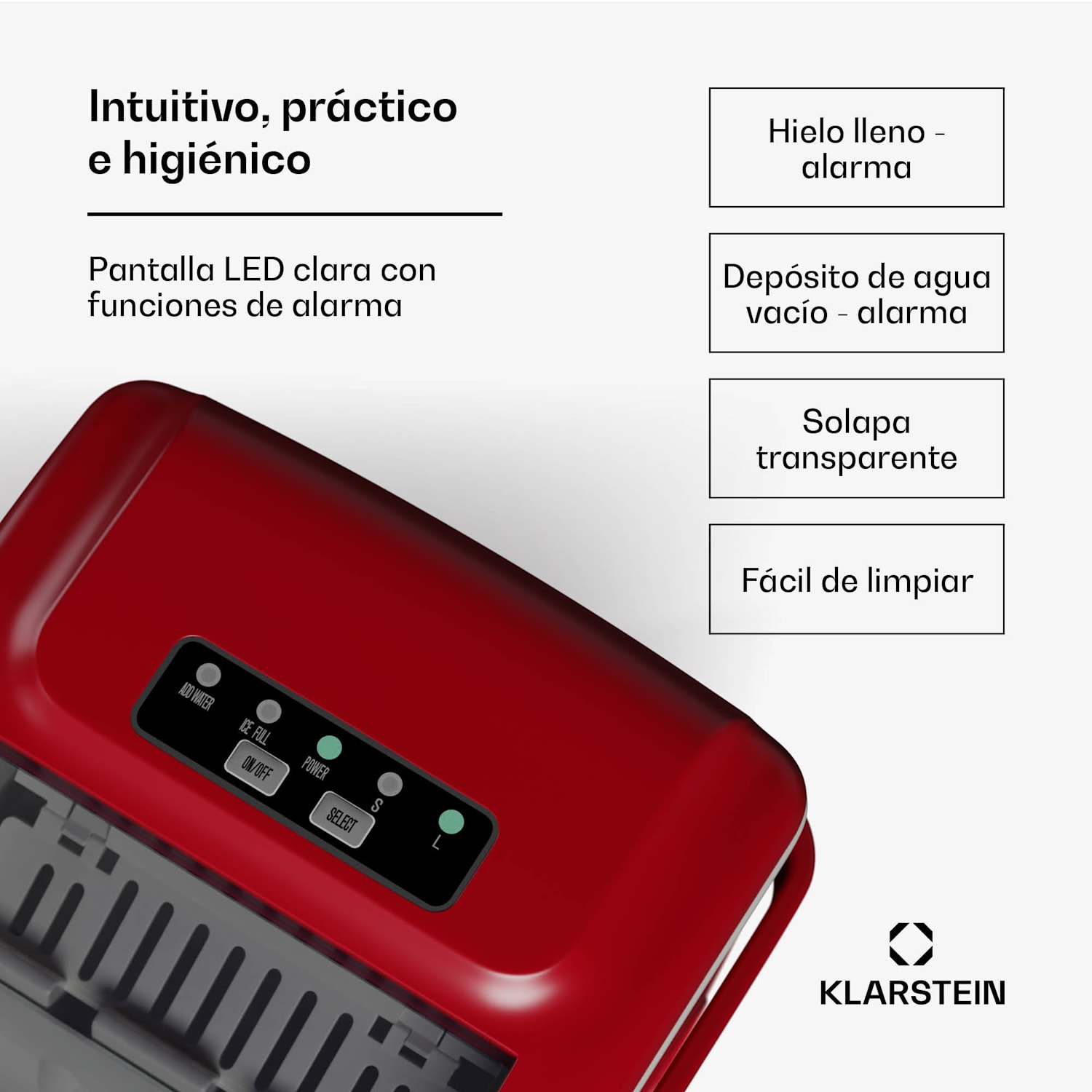 Máquina de cubitos de hielo Caldwell | 12 kg cubitos de hielo/día | totalmente automática | pantalla LED | fácil limpieza 1,3 Ltr | Rojo