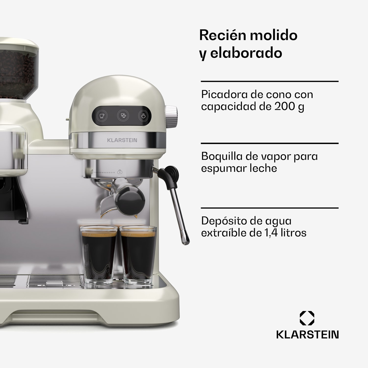 Bella Café Cafetera espresso | Vintage | Molinillo | 19 bar | Espuma de leche | 2 tazas | 1550 W Crema