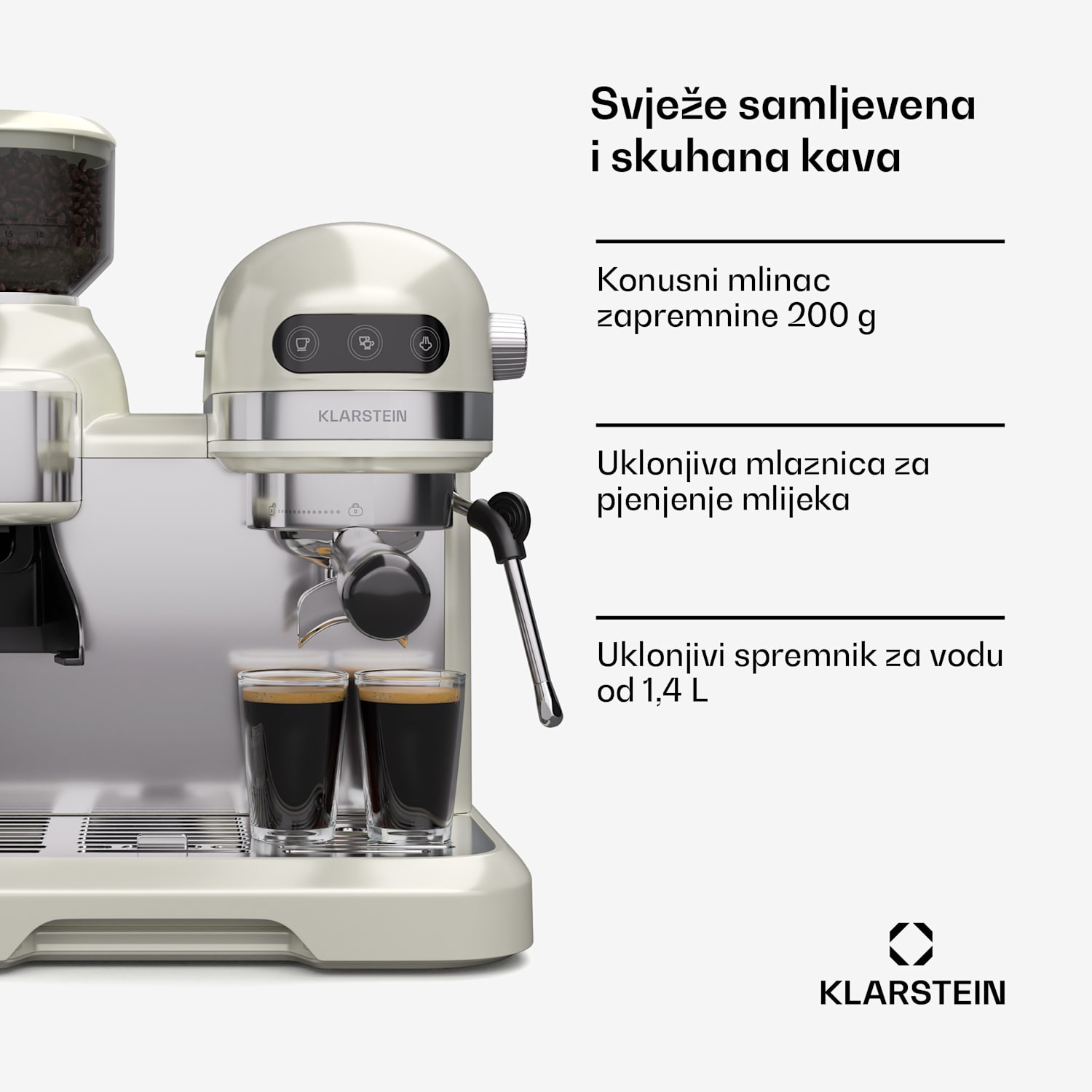 Bella Café aparat za kavu s polugom, Vintage, mlinac, 19 bar, Pjenilica za mlijeko, 2 šalice, 1150 W Krem