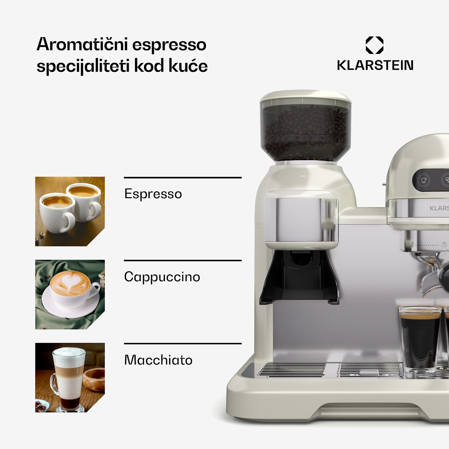Bella Café aparat za kavu s polugom, Vintage, mlinac, 19 bar, Pjenilica za mlijeko, 2 šalice, 1150 W Krem