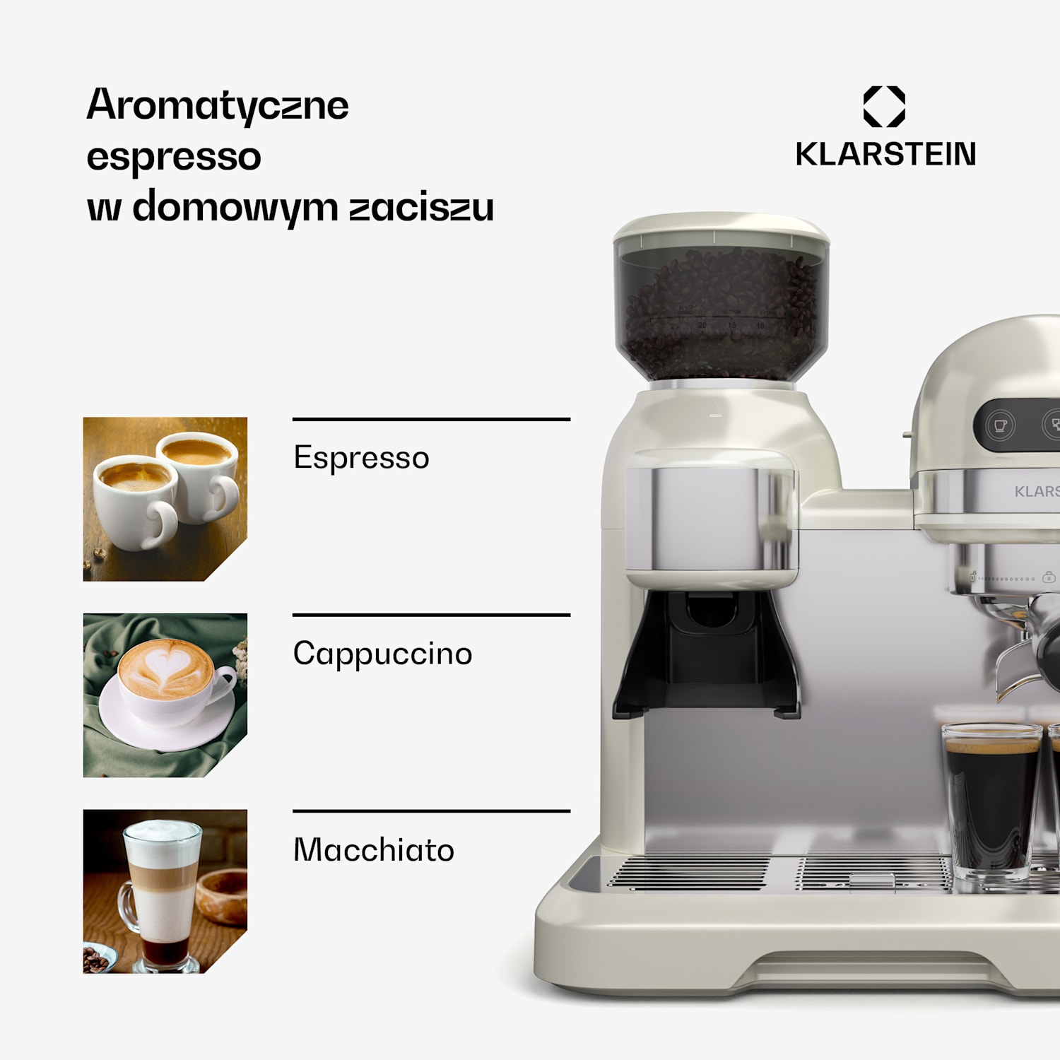 Bella Café ekspres do kawy kolbowy, Vintage, młynek, 19 bar, spieniacz do mleka, 2 filiżanki, 1550 W Kremowy
