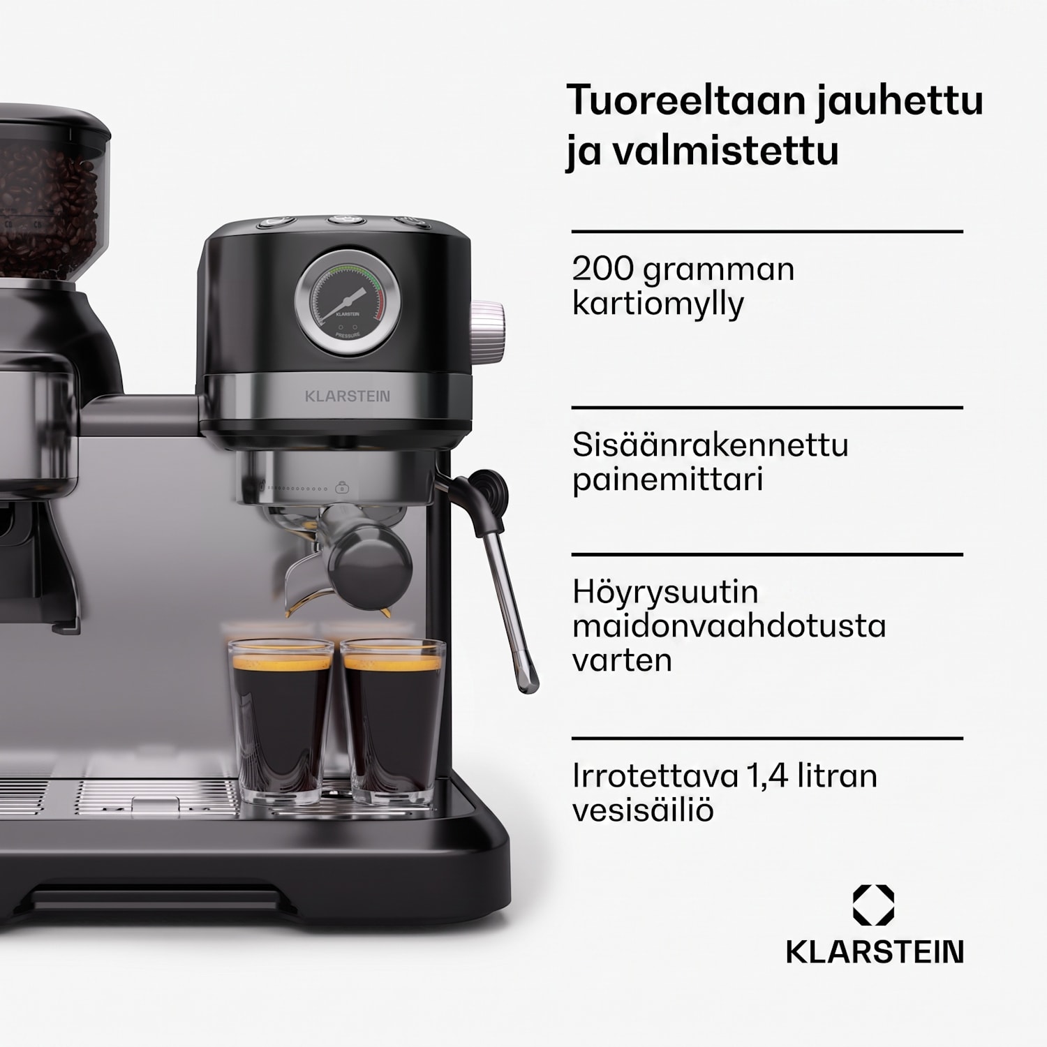 Bella Café espressokeitin | vintage | mylly | 19 bar | maitovaahto | painemittari | 1150 W Musta