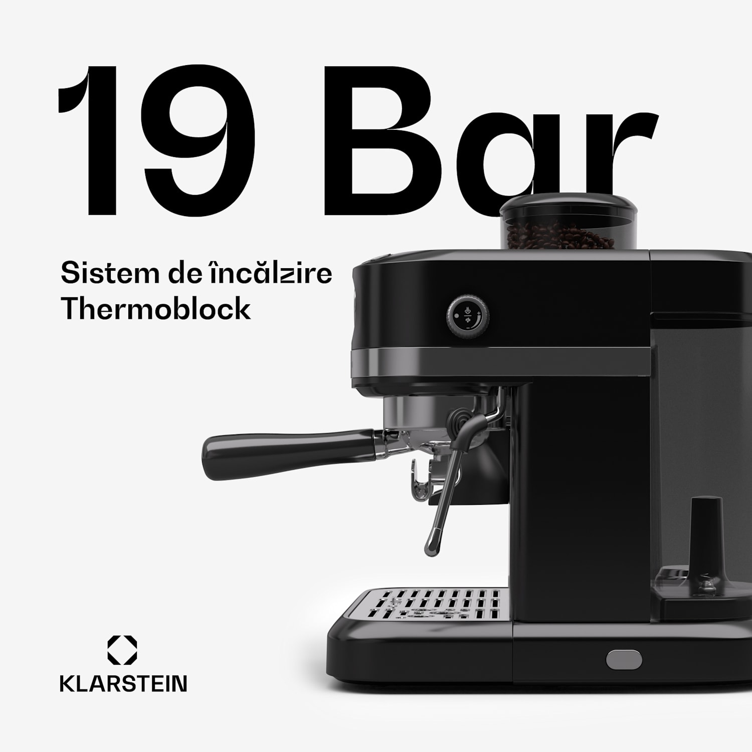 Espressor Bella, Vintage, râșniță, 19 bari, spumator de lapte, manometru, 1150 W Negru