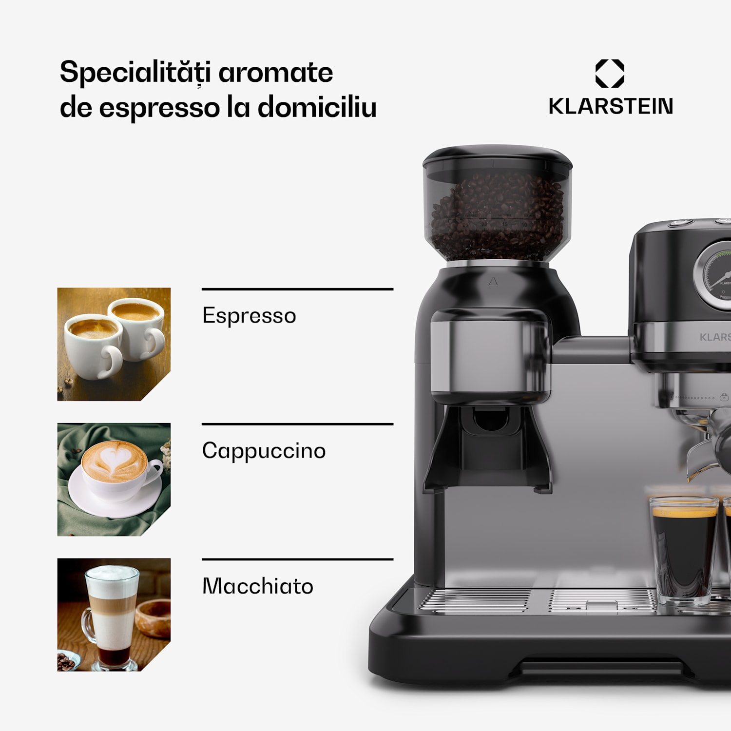 Espressor Bella, Vintage, râșniță, 19 bari, spumator de lapte, manometru, 1150 W Negru