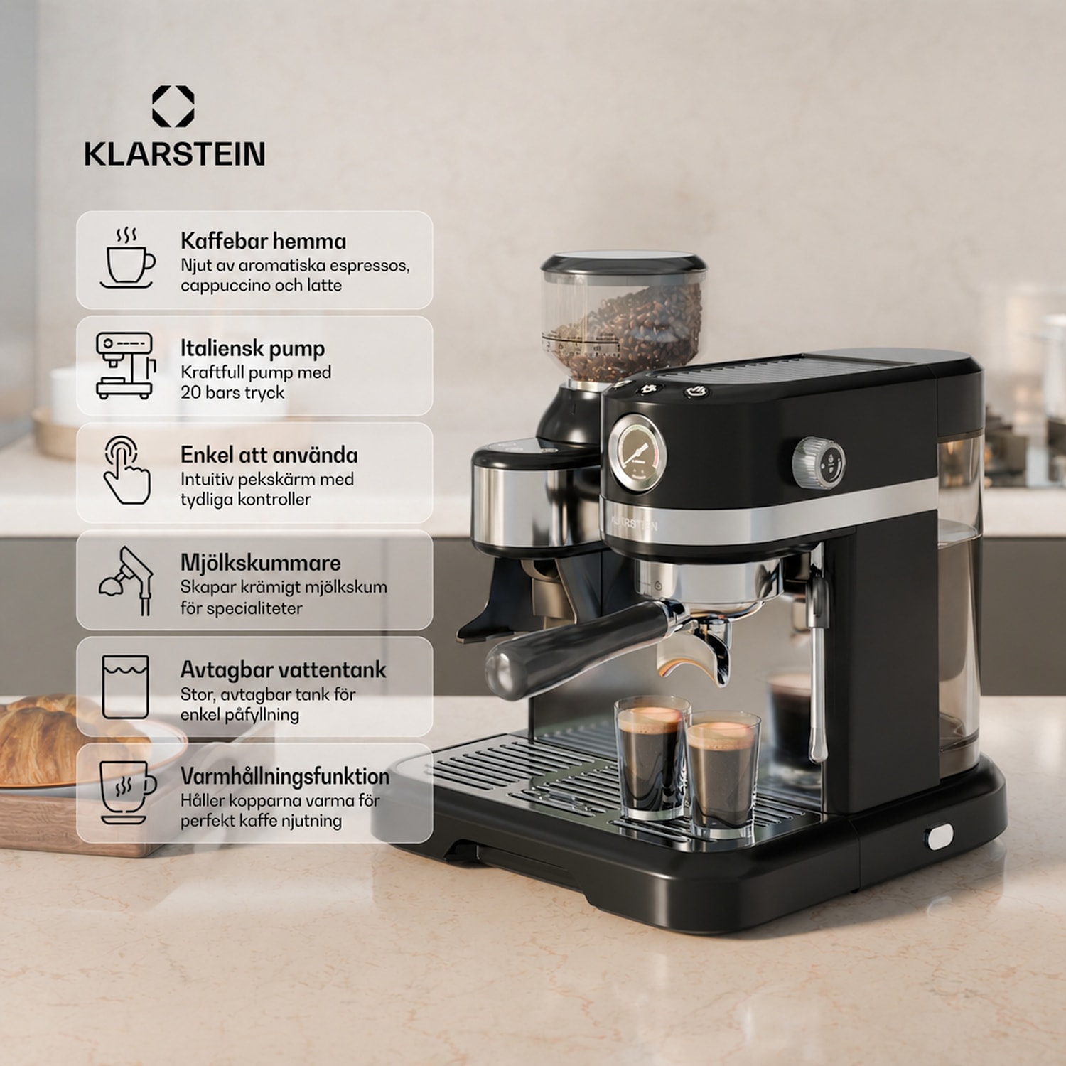 Bella Café espressomaskin | vintage | kaffekvarn | 20 bar | mjölkskummare | tryckmätare | 1550 W Svart